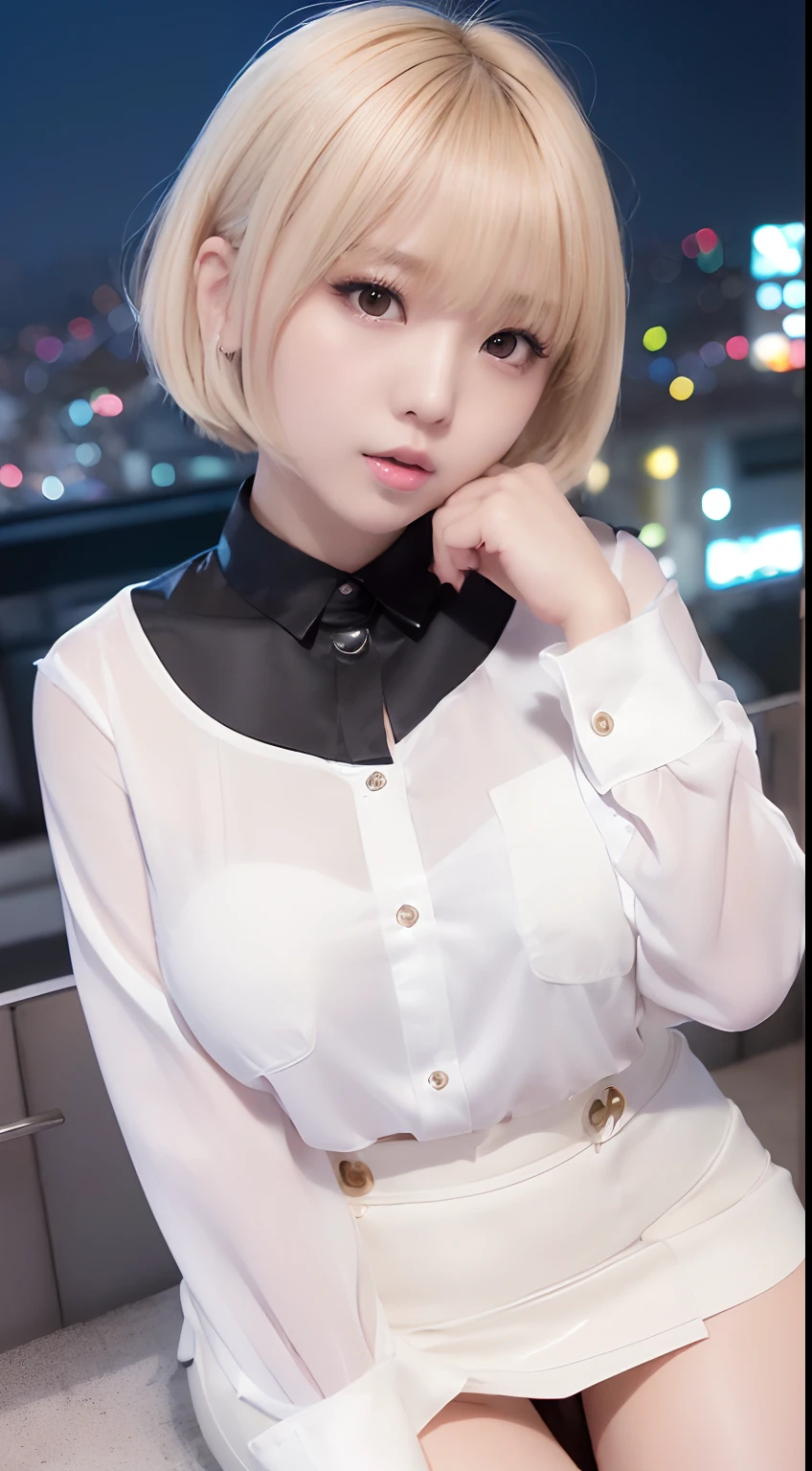 ((Arafe like Korean idol with sexy expression like Japan adult video actress in the 1980s))　((plump shiny lips))　((Blonde short bob hair with bangs))　　((Looking at the camera))　((White button shirt and black enamel tight skirt))　Low-angle shooting on the roof of a building with a beautiful night view of Tokyo at night　look down on　a blond