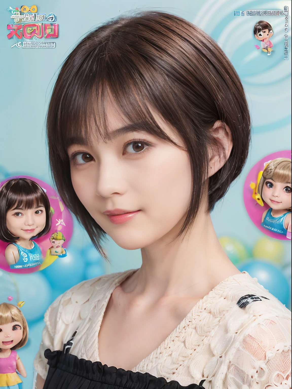 56
(a 20 yo woman), (A hyper-realistic), (Masterpiece), (Short bob cut:1.46), Hairstyle with visible ears, (medium chest), kindly smile, (Graphics printed with cartoon characters a sweat)