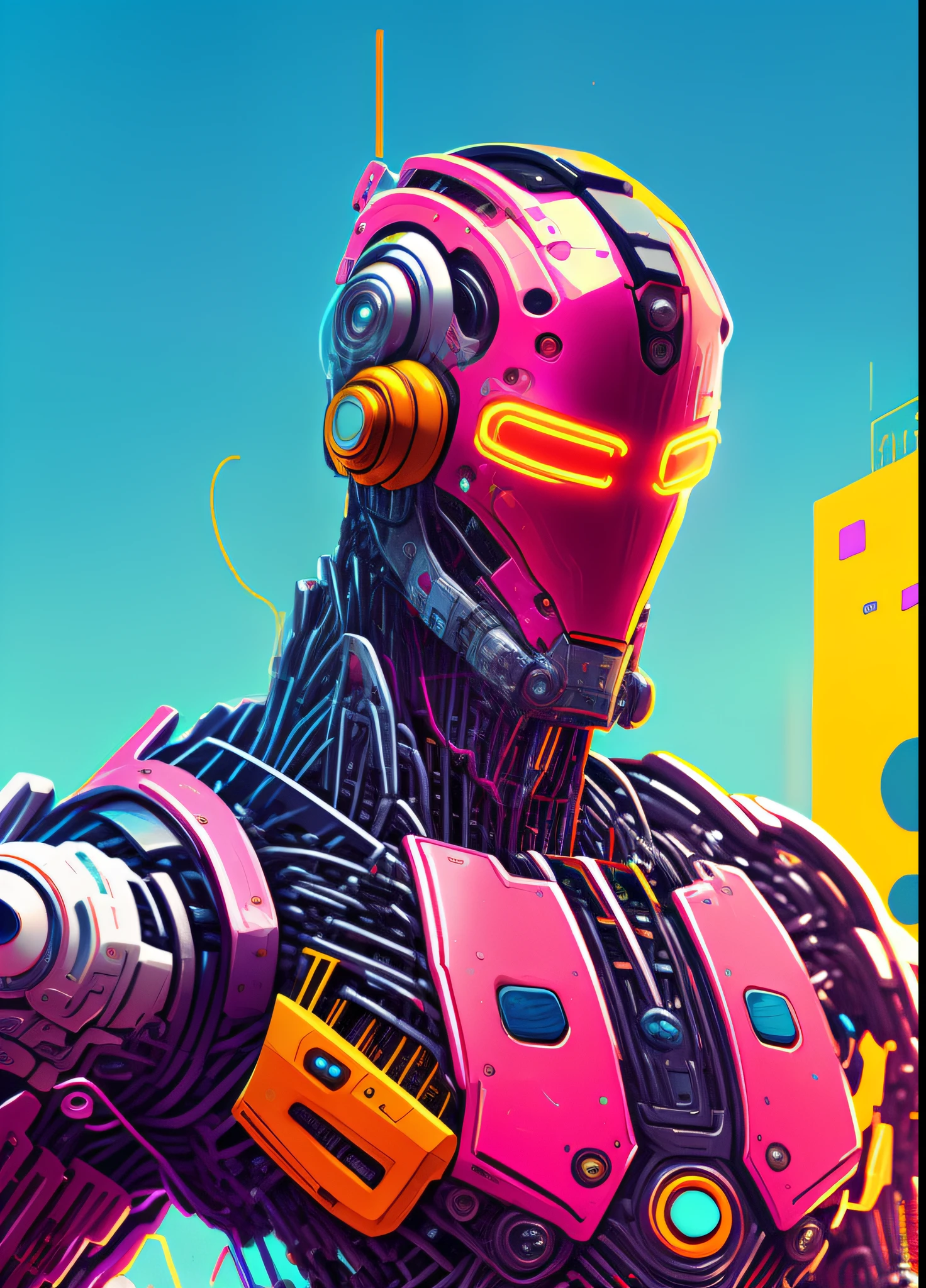 Close-up of a robot wearing a pink suit and yellow helmet, josan gonzales, inspired by Josan Gonzalez, josan gonzales!!!, detailed cyberpunk illustration, cyberpunk vibrant colors, Cyberpunk art style, cyberpunk style color, cyberpunk 2077 color, author：josan gonzales, in style of apex legends, Cyberpunk Art 2077, dreamy colorful cyberpunk colors