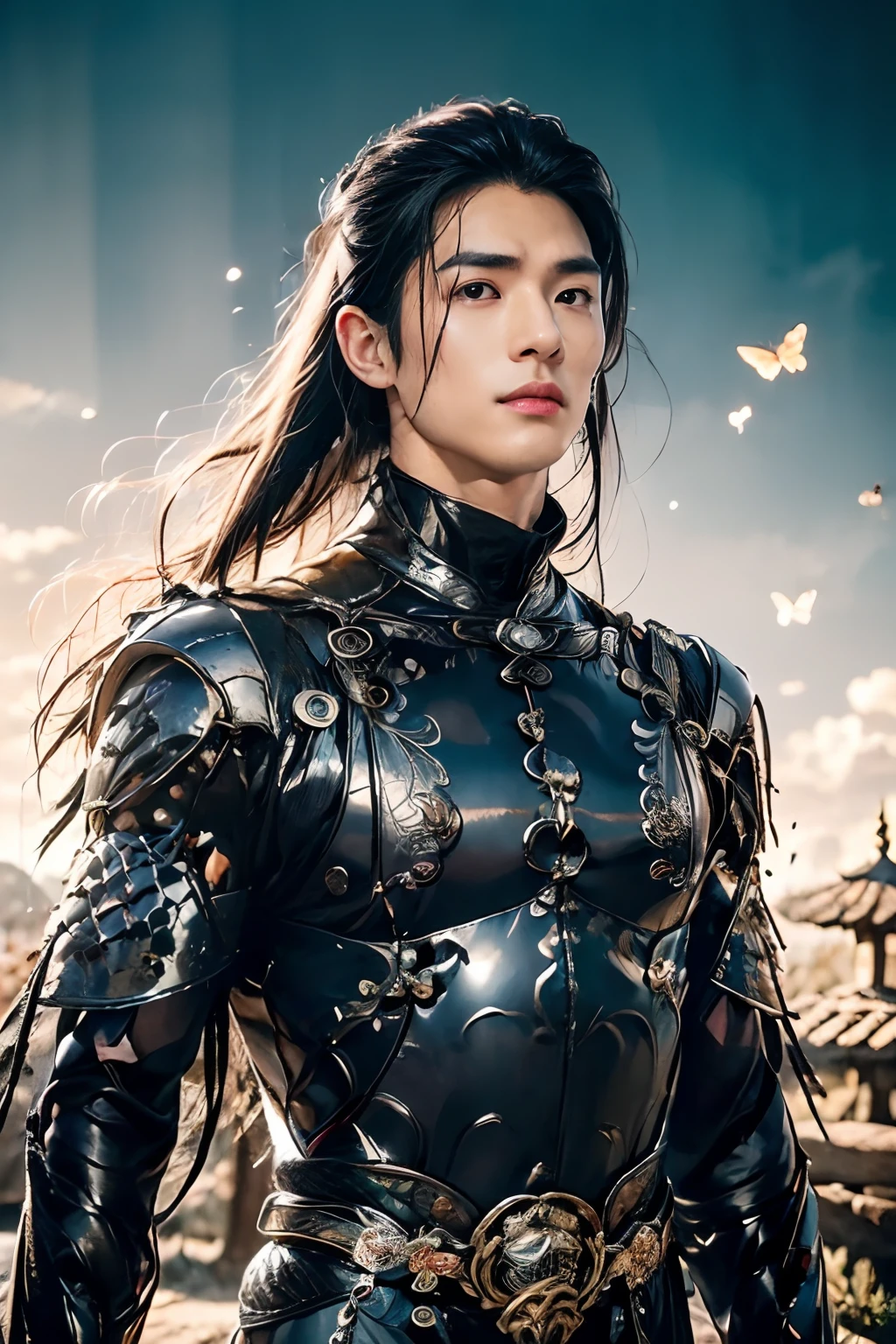 A 21-year-old Asian man,Thick eyebrows,Melon seed face,Handsome face,Men's full body ,A transparent streamer is tied to the body and flutters in the wind,The background is an ancient Chinese town,Time is night。Deep blue sky,A full moon,black lanterns,Pavilions and arch bridges,His skin is fair,He is slender,the limbs have pronounced muscle lines,high-definition photography,Real-world scenarios,Lots of detail, wearing black clothes, black long pants, black turtleneck shirt, lightning, magic, messy long hair, confident