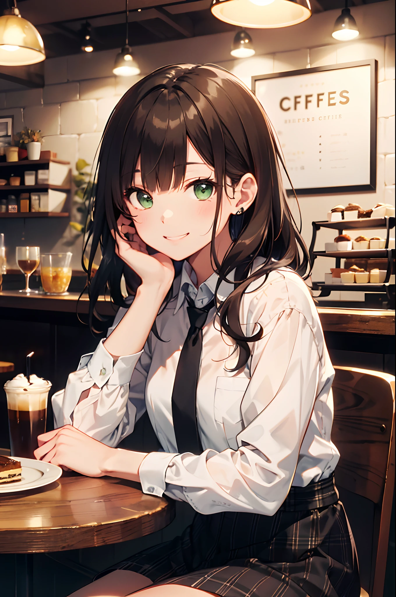 (top-quality、in 8K、32K、​masterpiece、nffsw、超A high resolution、Impresionismo、Photorealsitic:1.2)、cowboy  shot、foco nítido、detailed faces and eyes、(There is a plate of cake and coffee on the table, cafes, sitting on a mocha-colored table, dessert, Miniature Cafe Diorama, diner caffee, in coffee shop, cozy cafe background, enjoying coffee at a coffee shop, sitting in a cafe,  shot with sony alpha 1 camera, by Maki Haku)、Sharp pupils、Realistic pupils、beauitful face、18 year old beautiful girl、shinny skin、Medium Short、Beautiful dark brown hair、Blunt bangs、Green-eyed eyes、Shirt、neck tie、Plaid miniskirt、Black socks、Put your right hand on your cheek、(looking happy smile:1.2)、Mel Kishida