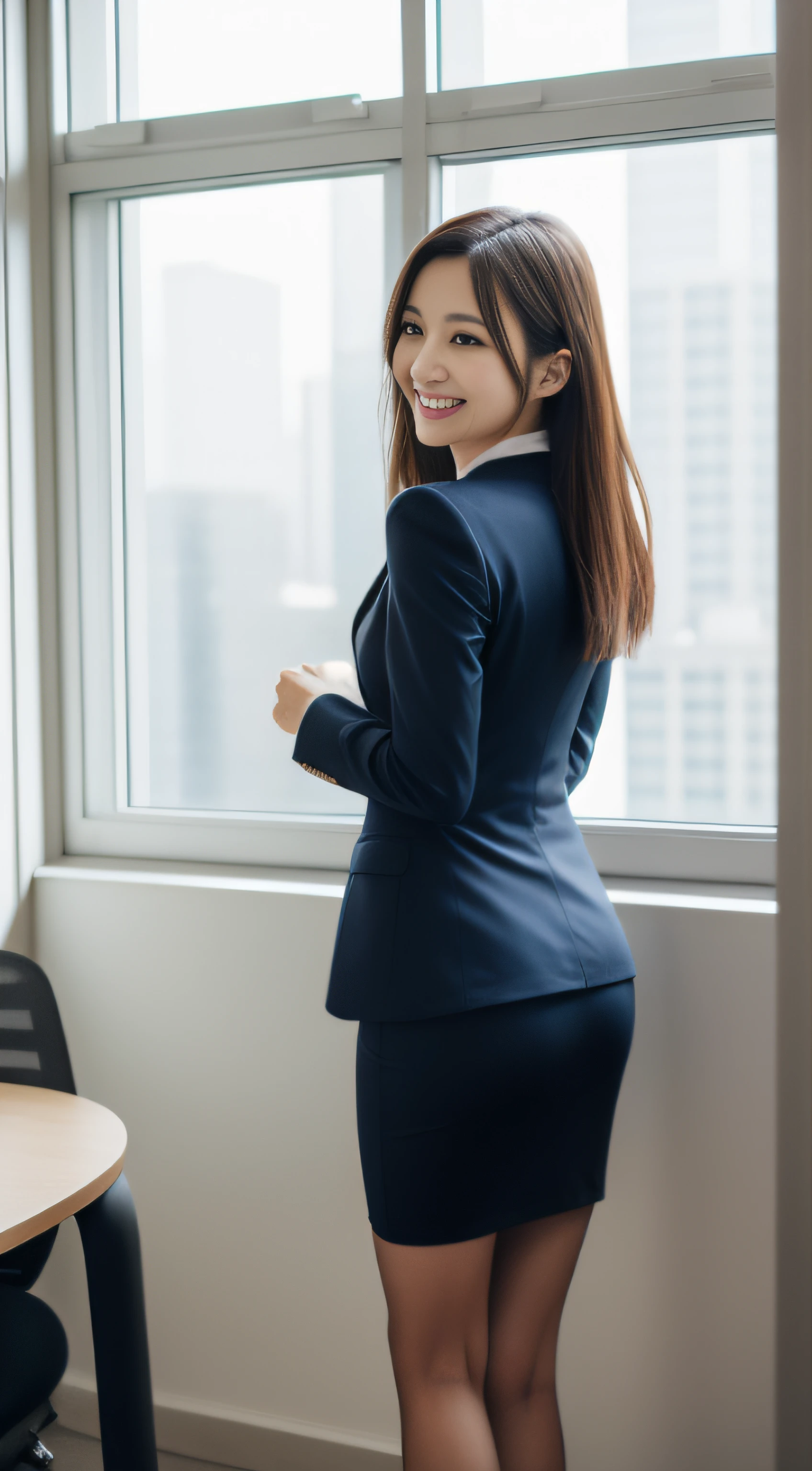 The face is a hostess、Dressed in a navy blue business suit、skirt by the、hiquality、A hyper-realistic、healthy、Smiling expression、Slender perfect figure、Japan beauties、beautidful eyes、face perfect、Beautiful skin、from the rear、up of face、Background is an office on a high floor、by the window