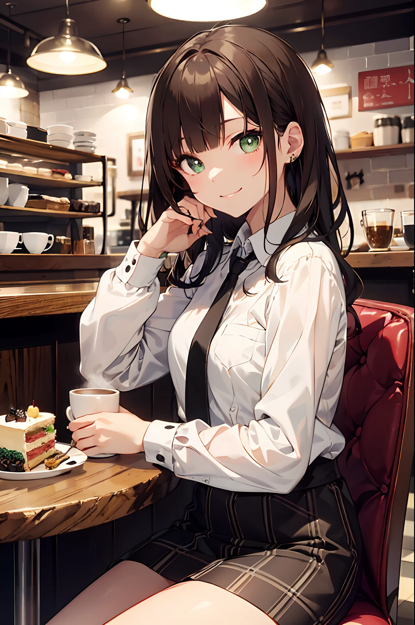 (top-quality、in 8K、32K、masterpiece、nffsw、超A high resolution、Impresionismo、Photorealsitic:1.2)、cowboy shot、foco nítido、detailed faces and eyes、(There is a plate of cake and coffee on the table, cafes, sitting on a mocha-colored table, dessert, Miniature Cafe Diorama, diner caffee, in coffee shop, cozy cafe background, enjoying coffee at a coffee shop, sitting in a cafe, shot with sony alpha 1 camera, by Maki Haku)、Sharp pupils、Realistic pupils、beauitful face、18 year old beautiful girl、shinny skin、Medium Short、Beautiful dark brown hair、Blunt bangs、Green-eyed eyes、Shirt、neck tie、Plaid miniskirt、Black socks、Put your right hand on your cheek、(looking happy smile:1.2)、Mel Kishida