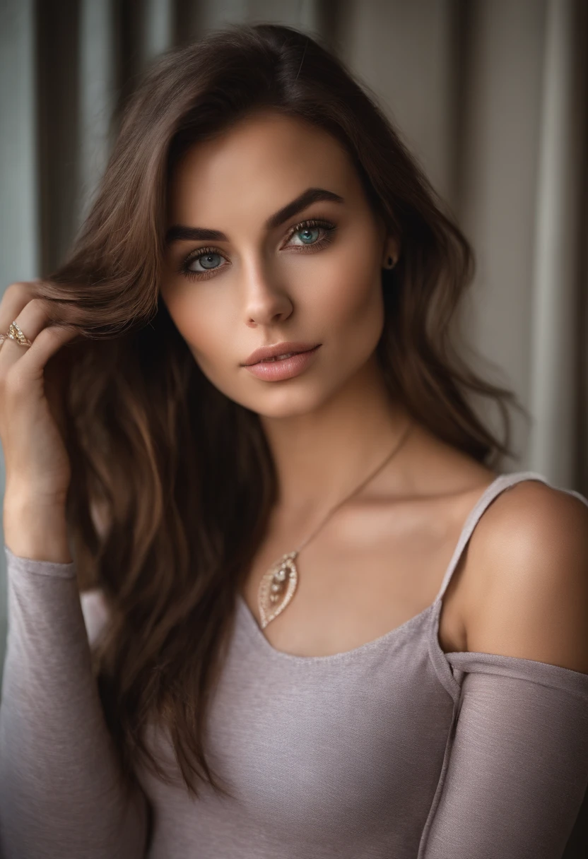 Arafed woman with a white tank top and necklace, fille sexy aux yeux marrons claire , Portrait Sophie Mudd, chestnut hair and big eyes, selfie of a young woman, Yeux de chambre, Violet Myers, sans maquillage, maquillage naturel, looking straight at camera, Visage avec Artgram, Maquillage subtil, Superbe photo du corps entier, piercing green eyes, Bel angle, pose attrayante, fille mignonne, sexy pose, Image du corps entier, corps entier, Prise de vue du corps entier, brunette goddess, High detail, pose satisfaite, Pantalon en cuir