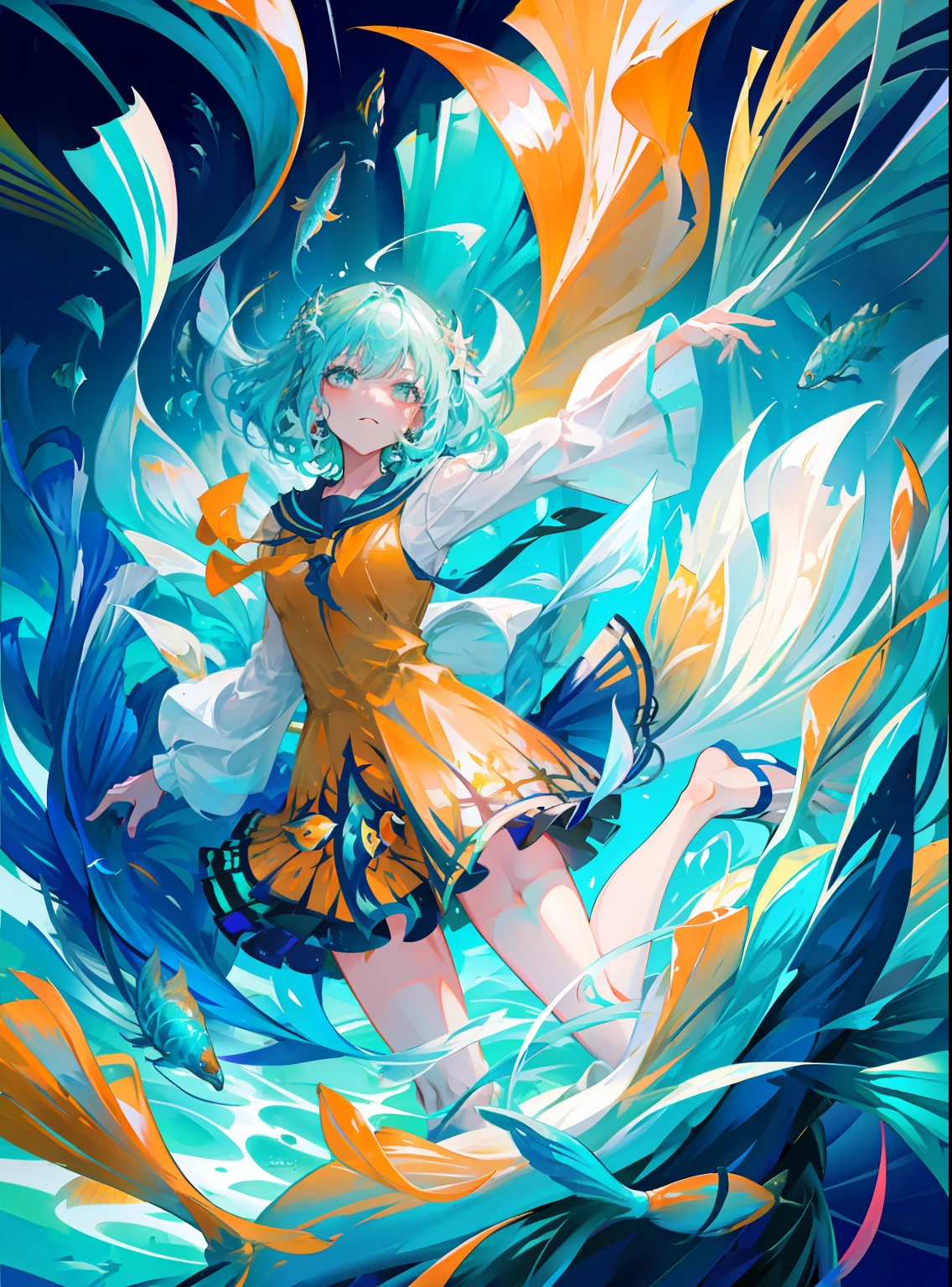 beautiful  woman dancing underwater, ((Surrounded by schools of fish):1.6),dress spraying with colors, paint fanned out, paint splatter,wet, water, rim light, vibrant details, elegant, best quality, style-paintmagic,