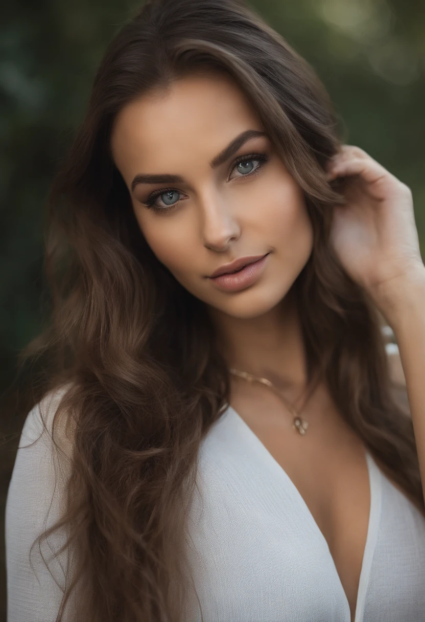 HD quality, maximum detail, macro portrait full body of the beautiful woman, field depth, perfect woman, 25 years, hair covered the breasts, makeup, long hair, perfect face, pretty mouth, pretty nose, sensual woman, totally gorgeous, face with sarcastic expression, caucasian, blond hair, evil look, v-shaped shirt, realistic, details, style: Detailed photo