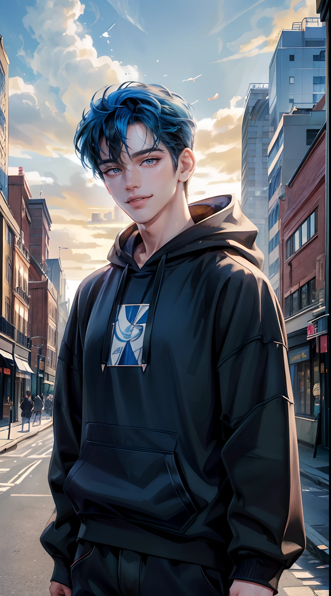 ((4K works))、​masterpiece、(top-quality)、One Beautiful Boy、Slim body、tall、((Attractive street style in black hoodie))、(Detailed beautiful eyes)、Fantastic British cities、Daytime city、((Walking through a city in the UK))、((Daytime bright sky))、((Cities in United Kingdom))、((Shot in UK cities))、mid night、((Short-haired bright blue hair))、((Smaller face))、((White eyes))、((American adult male))、((Adult male 26 years old))、((Cool Men))、((Like a celebrity))、((Smile showing teeth and smiling))、((Korean Makeup))、((elongated and sharp eyes))、((boyish))、((Upper body photography))、((Happy dating))、Professional Photos、((Shot alone))、((Shot diagonally from the side))、((Shot in close proximity to him))、((He is walking next to the viewer))、((Focus zoom in))