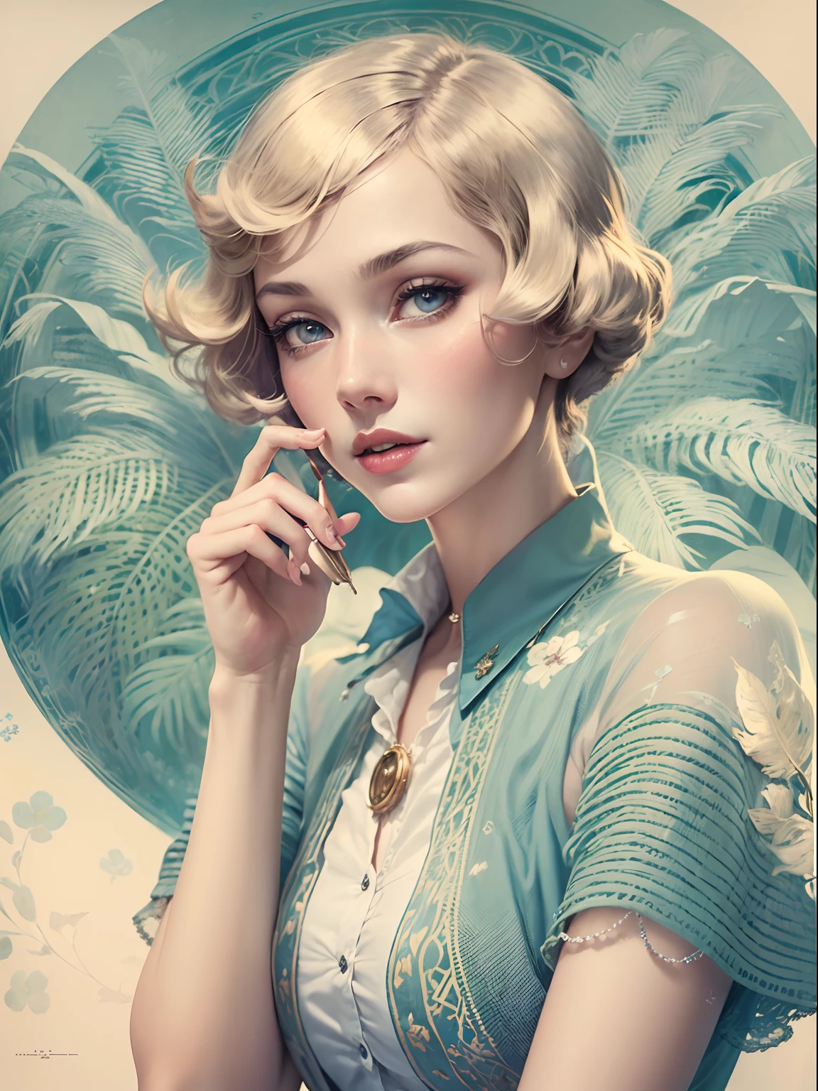 ((Best quality)) , ((Masterpiece)) , (Detailed) ,(1womanl:1.3),(fantasy illustration:1.3), Art Deco by Ettore Sottsass and Louis Icart as well (Coles Phillips:1.1) , Masterpiece, (Wear a cute blue shirt_Lift:1.2), She has beige hair,The styling is Duslaide, Thai Chinese maroon monocle, (Abrasive cosmetics:1.1), (Shallow depth of field:1.2), Masterpiece, (monochrome:1.3), The most elegant in the world, "A feather fell, An ethereal gift from the sky, Carrying the burden of self-evident dreams.", 8K, 8K resolution