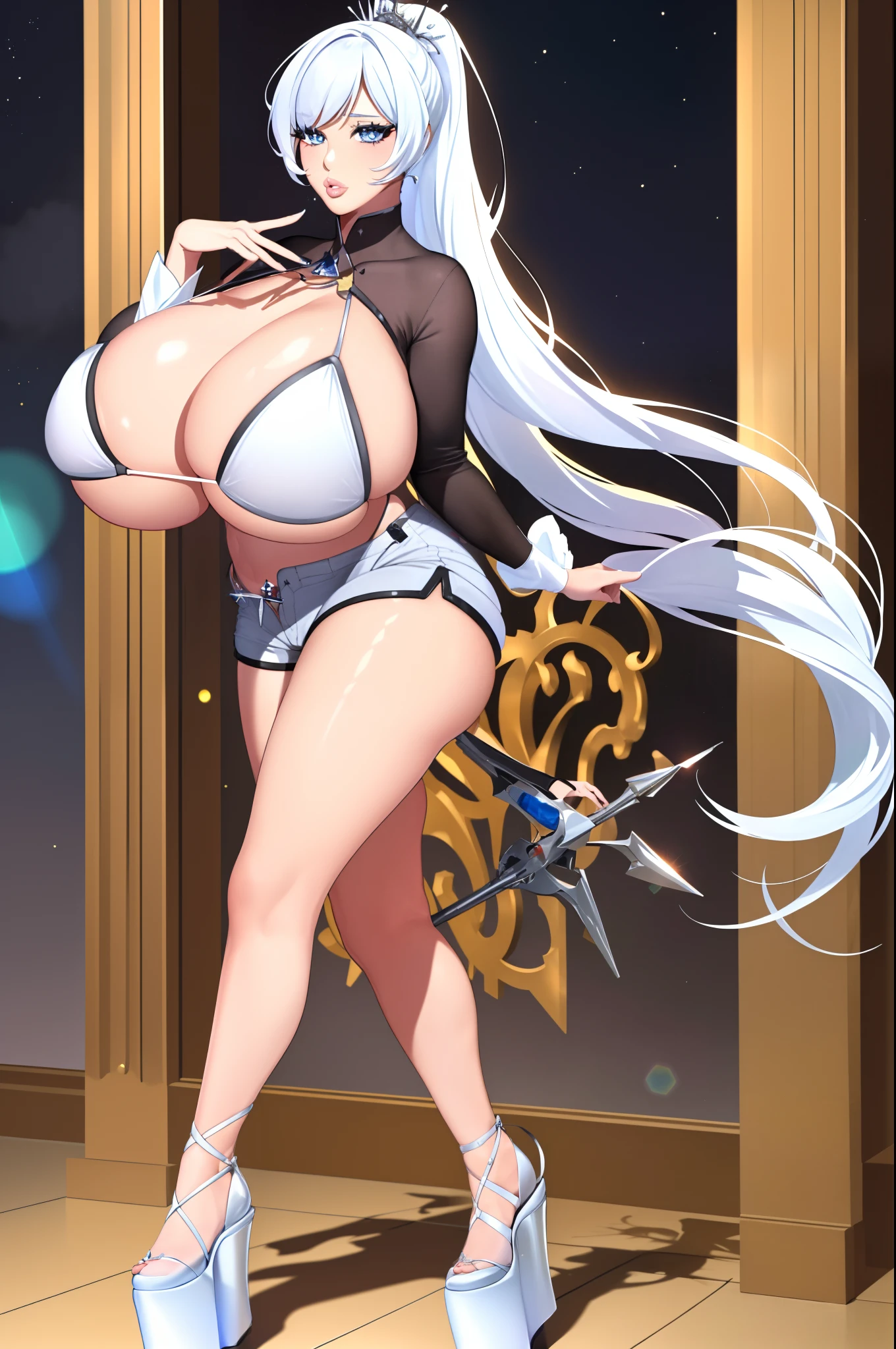 Weiss schnee, 
(platform_heels:1.5), posing, (shorts:1.5), (bikini_dop:1.5), 
White hair, blue eyes, Very Long Hair, ponytail, 
1girl,Beautiful Finger,Beautiful long legs,Beautiful body,Beautiful Nose,Beautiful character design, perfect eyes, perfect face,expressive eyes, 1girl
looking at viewer,(full_body),(Focus on her face),
official art,extremely detailed CG unity 8k wallpaper, perfect lighting,Colorful,shiny skin, 
(masterpiece:1.0),(best_quality:1.0), ultra high res,4K,ultra-detailed, 
photography, 8K, HDR, highres, absurdres:1.2, Kodak portra 400, film grain, blurry background, bokeh:1.2, lens flare, (vibrant_color:1.2)
(Beautiful,huge_Breasts:1.8), (beautiful_face:1.5),(narrow_waist), wide hips, massive lips: 1.3) and (huge lips:1.4) (silicon lips:1.3) and (parted lips:1.3) and (lips filler:1.3), (thick lips:1.3), wide hips, (huge_ass:1.4)