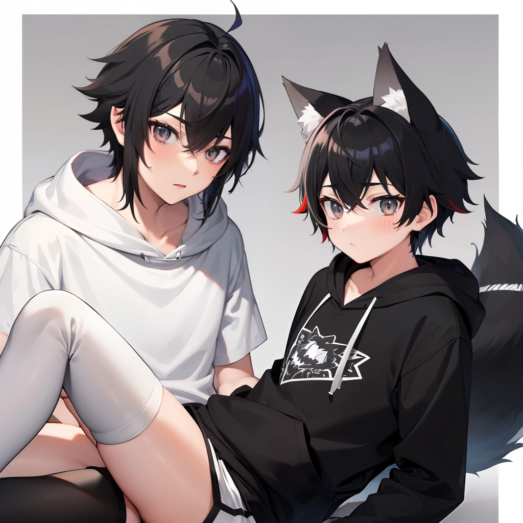 masterpiece, best quality, anime, Sora, ((Boy)), cute, Black Hoodie with white stripes, Sideview, ((Red and Grey eyes)), ((Black Really Fluffy Wolf tail and ears)), Cute expression, Black and white Sport-Shorts with Thigh Highs.