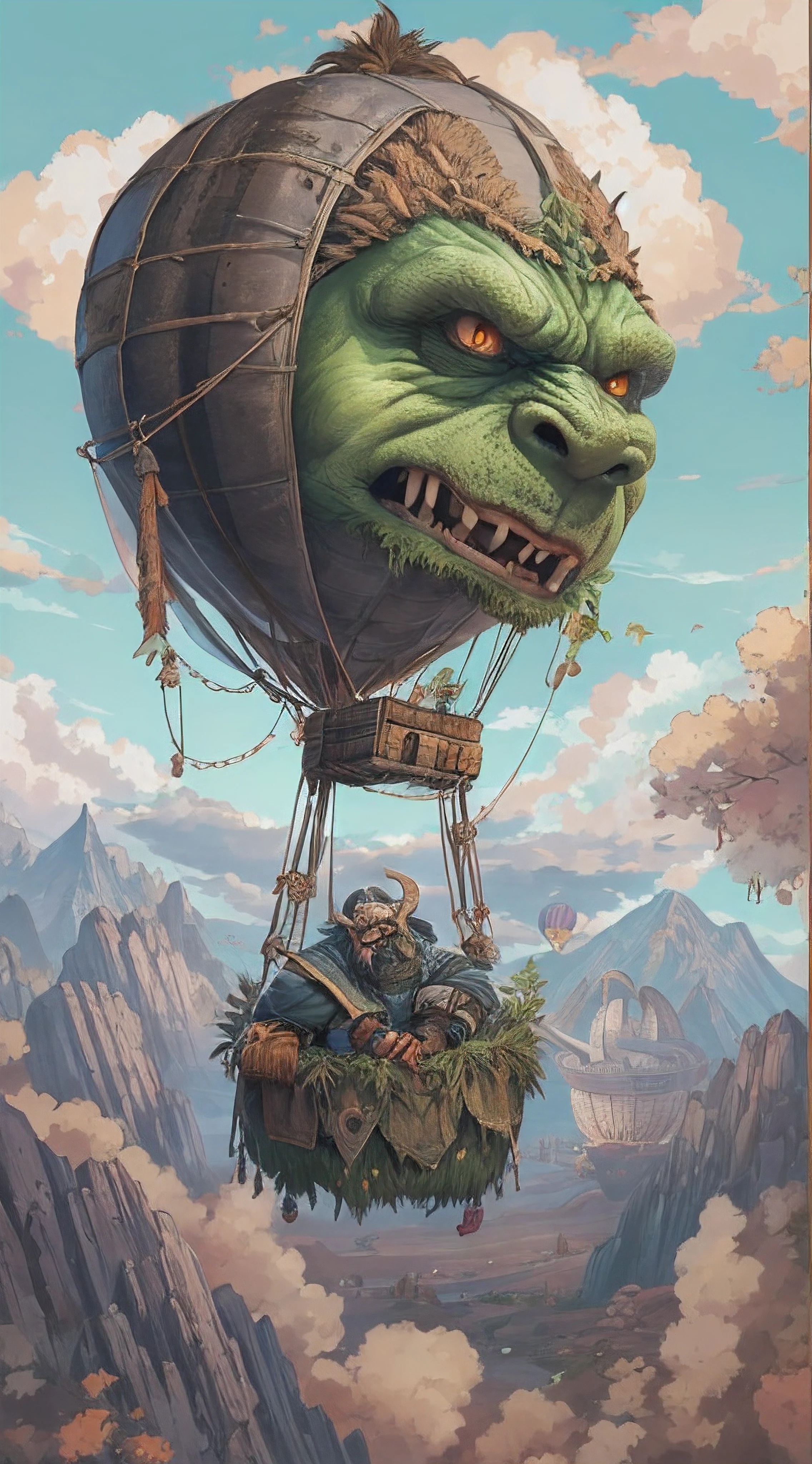 an orc monster is sleeping and it is hold up on the sky by hot air balloon