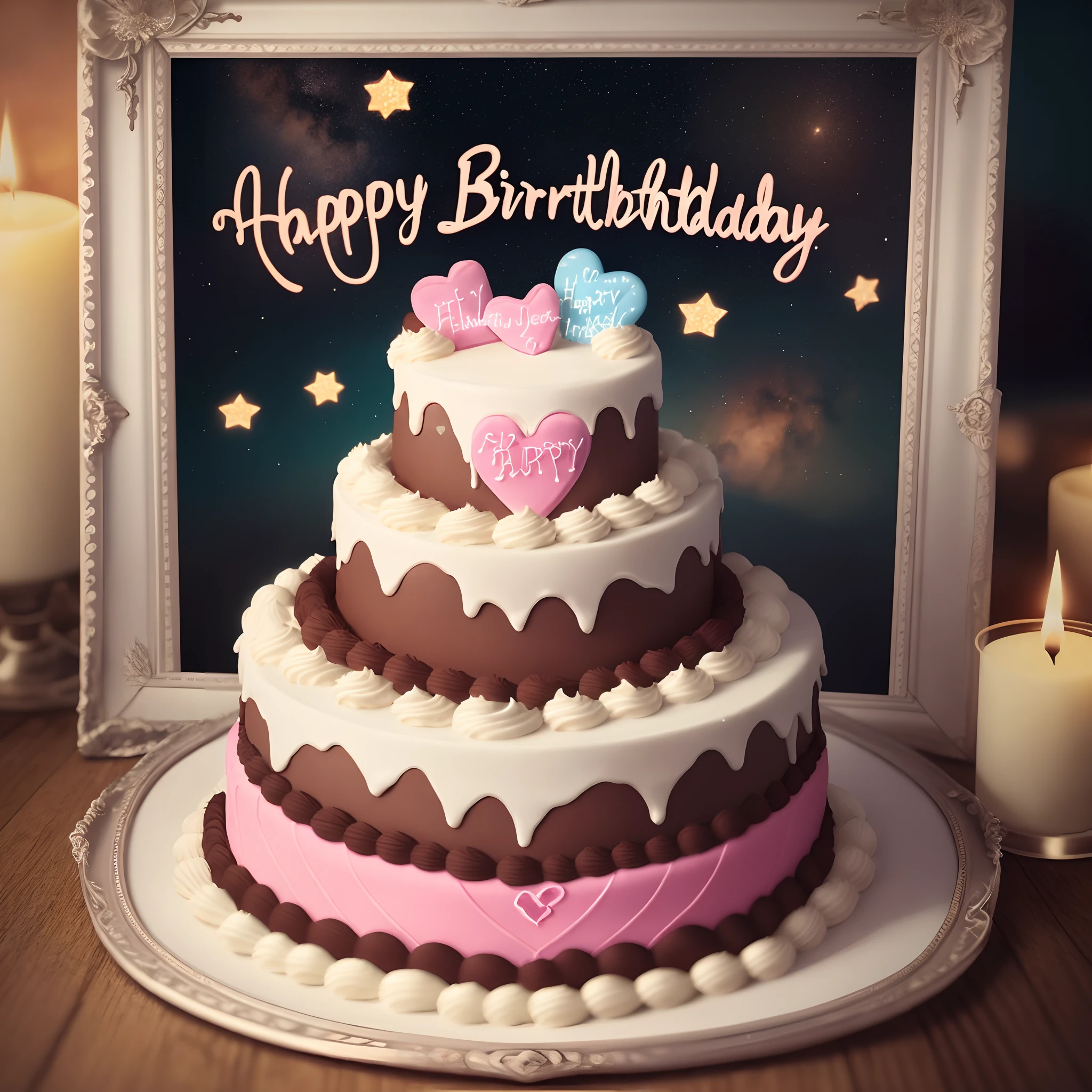 Happy Birthday frame cakes with hearts, sparkles, stars around.