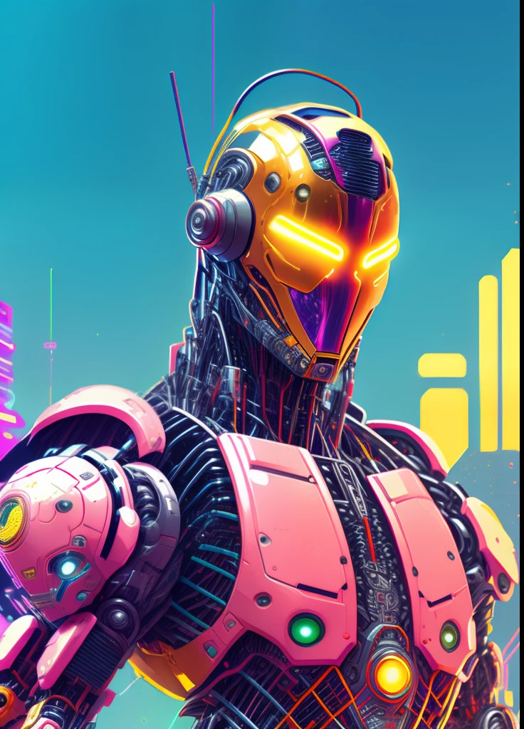 Close-up of robot in pink suit and yellow helmet, josan gonzales, inspired by Josan Gonzalez, josan gonzales!!!, detailed cyberpunk illustration, cyberpunk vibrant colors, Cyberpunk art style, cyberpunk style color, cyberpunk 2077 color, author:josan gonzales, in style of apex legends, Cyberpunk Art 2077, Fantastic colorful cyberpunk color Kamen Rider