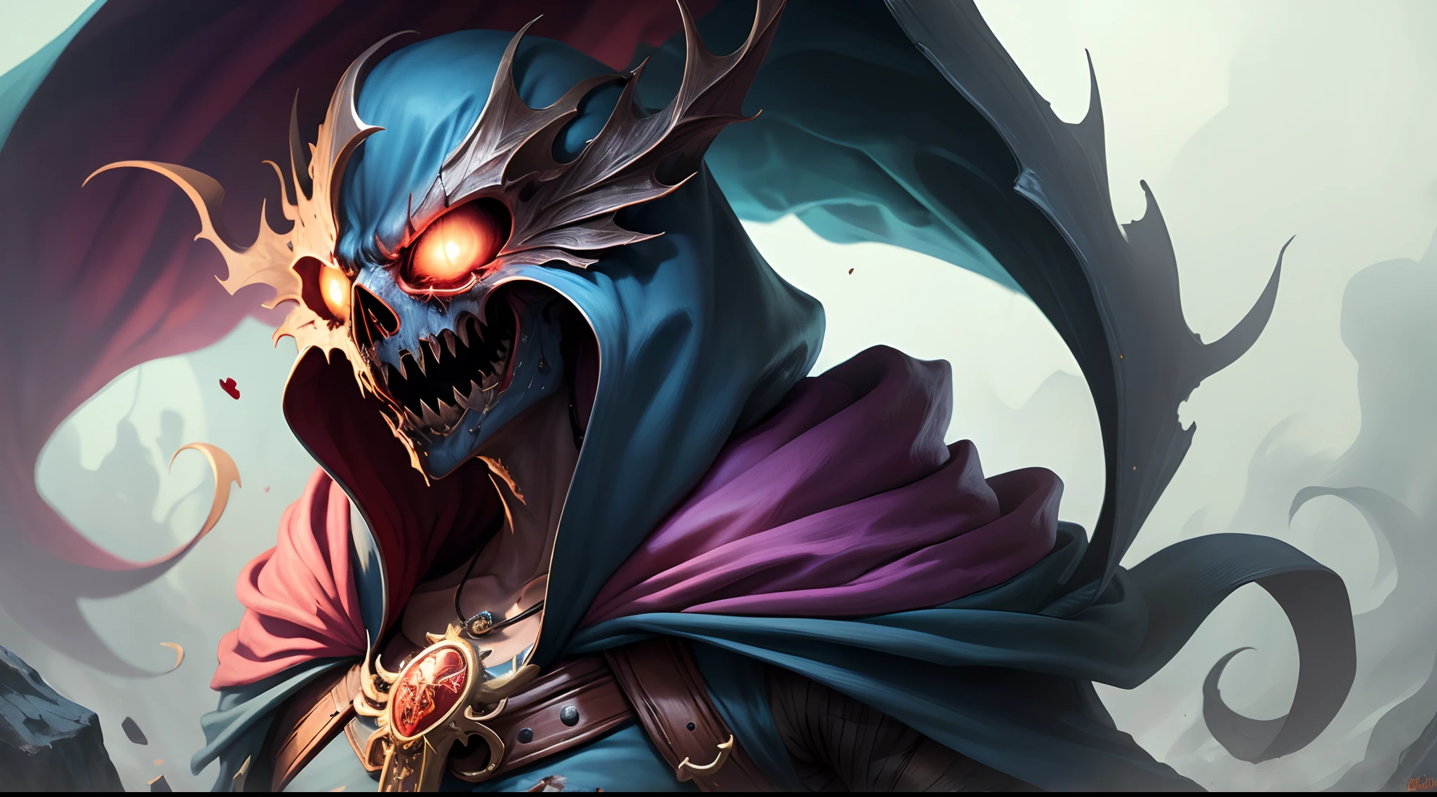 undead, skeleton with red hair, male, high fantasy, detailed, medieval fantasy, instrument, bard, necromancer, medium punk hair, hands playing guitar, black guitar, masterpiece, two hands, five fingers, normal arms, 8k, high quality, white shirt, closed purple jacket, league of legends splash art