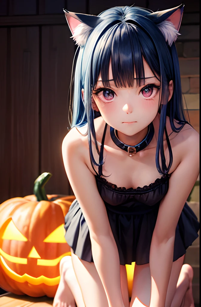 (top-quality、in 8K、32K、masterpiece、nffsw、超A high resolution、Impresionismo、Photorealsitic:1.2)、Colossal tits、cowboy shot, detailed faces and eyes、 Cat Pose、on the beds、subdued lighting、Jack-o'-lanterns are placed、Halloween Costumes、beauitful face、blurry backround、16-year-old beautiful girl、shinny skin、Medium Hair、Beautiful blue hair、Blunt bangs、Red Eyes、(Katyusha:1.2)、Cat's claw、Cat ears、Cat tail、one piece dress、a miniskirt、Bare legged、Curve、Stand on one knee、(I can see panties.:1.2)、Embarrassing face with mouth closed、On all fours、Collar with bell