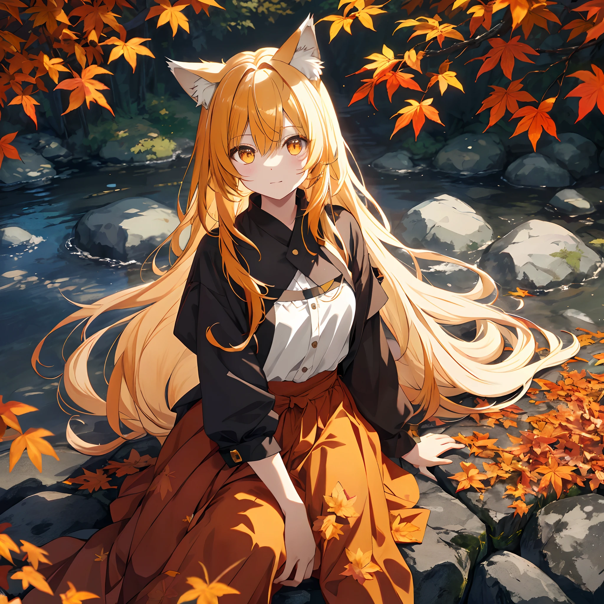 autumnal、the woods、Colored leaves、 hot onsen, sitting on, (top-quality), ((masterpiece)), (hight resolution), Original, Very detailed 8k wallpaper, (extremely delicate and beautiful),((详细的脸))、beautiful finely detailed eyes、Hair that flutters in the wind、hair messy、
1girl in,full body Esbian,(Golden Eyes),(Akame),(Wolf ears),(yellow hair),(Wolf's tail),(Wolf ears),(:1.1),(Wolf ears),Beautiful fine eyes,orange color hair,Very long hair,Medium chest