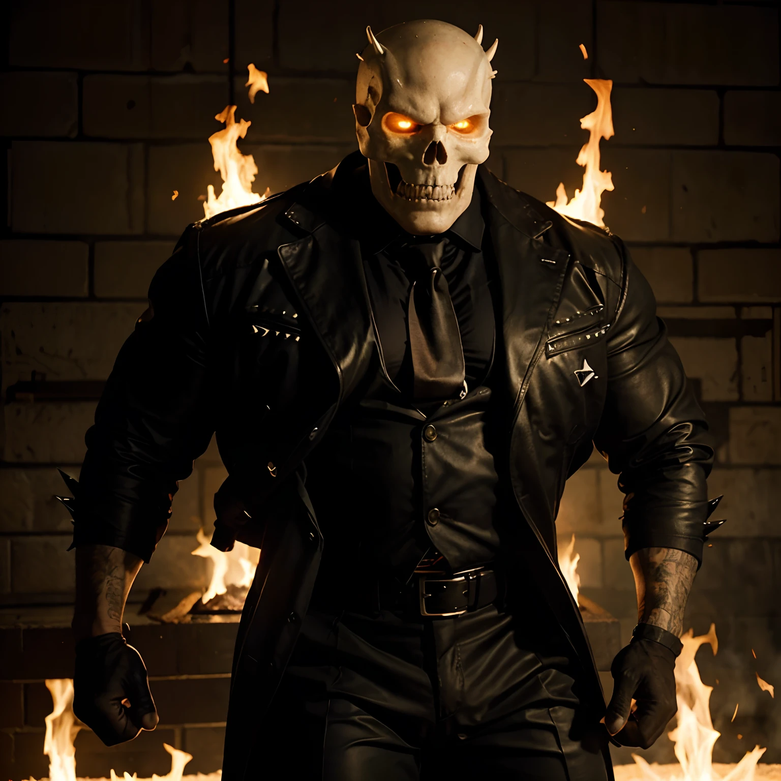 Ghost rider , muscled with huge pecs , hugge torso , huge arms , with a skull head like  with fire , in suit with a tie ans spikes