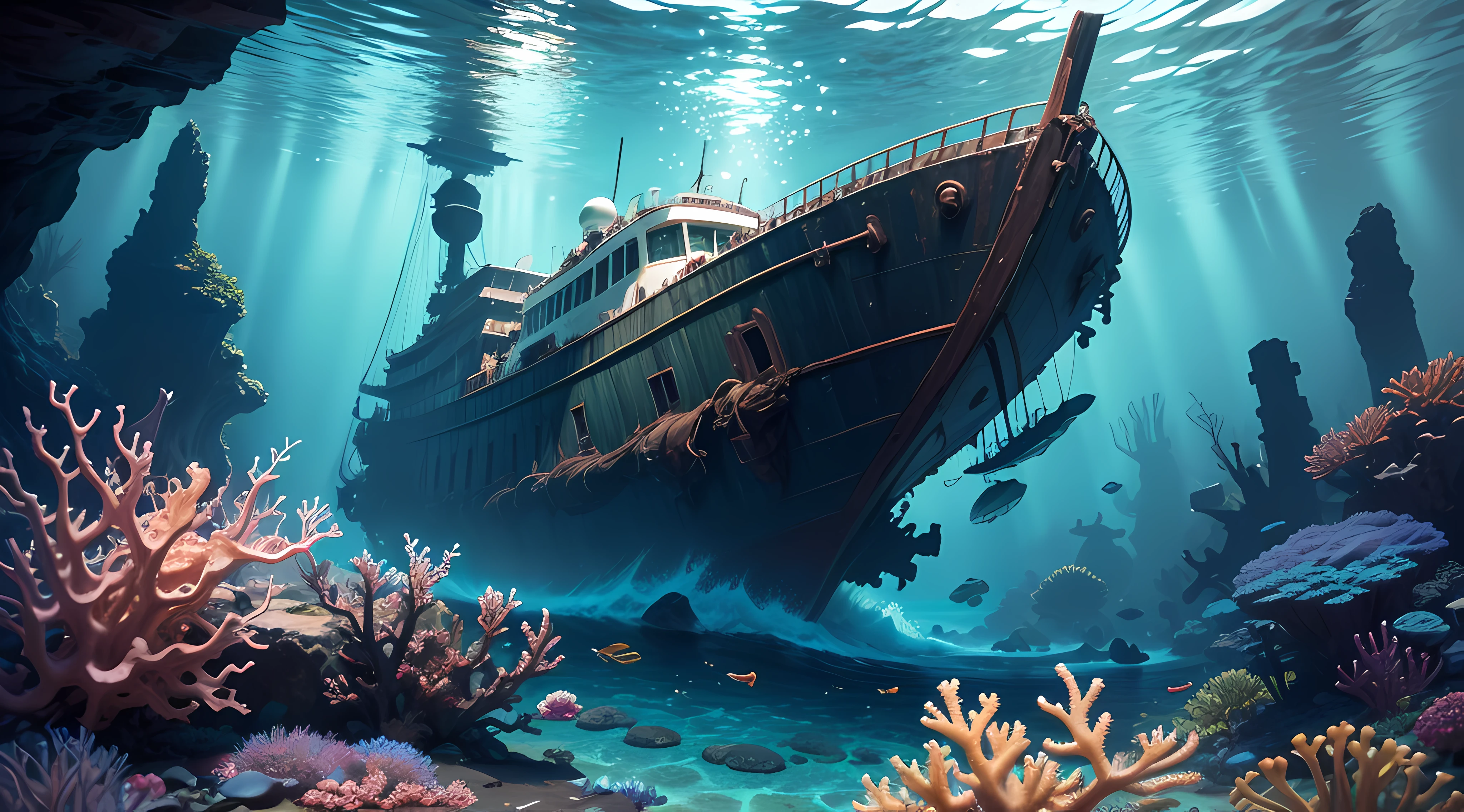 (highres:1.2,UHD,underwater),amy rose,scuba diving,shipwreck,clear water,coral reefs,fish swimming,sun rays,deep sea exploration,adventure,exploring the unknown,diving equipment,diving mask,flippers,wetsuit,underwater world,marine life,diver,depth,underwater photography,colorful,remote location,adventure sport,shipwreck exploration,rich biodiversity,vivid colors,detailed textures,water reflections,sunlight penetrating through water,exploration journey,depth perception,thrilling experience