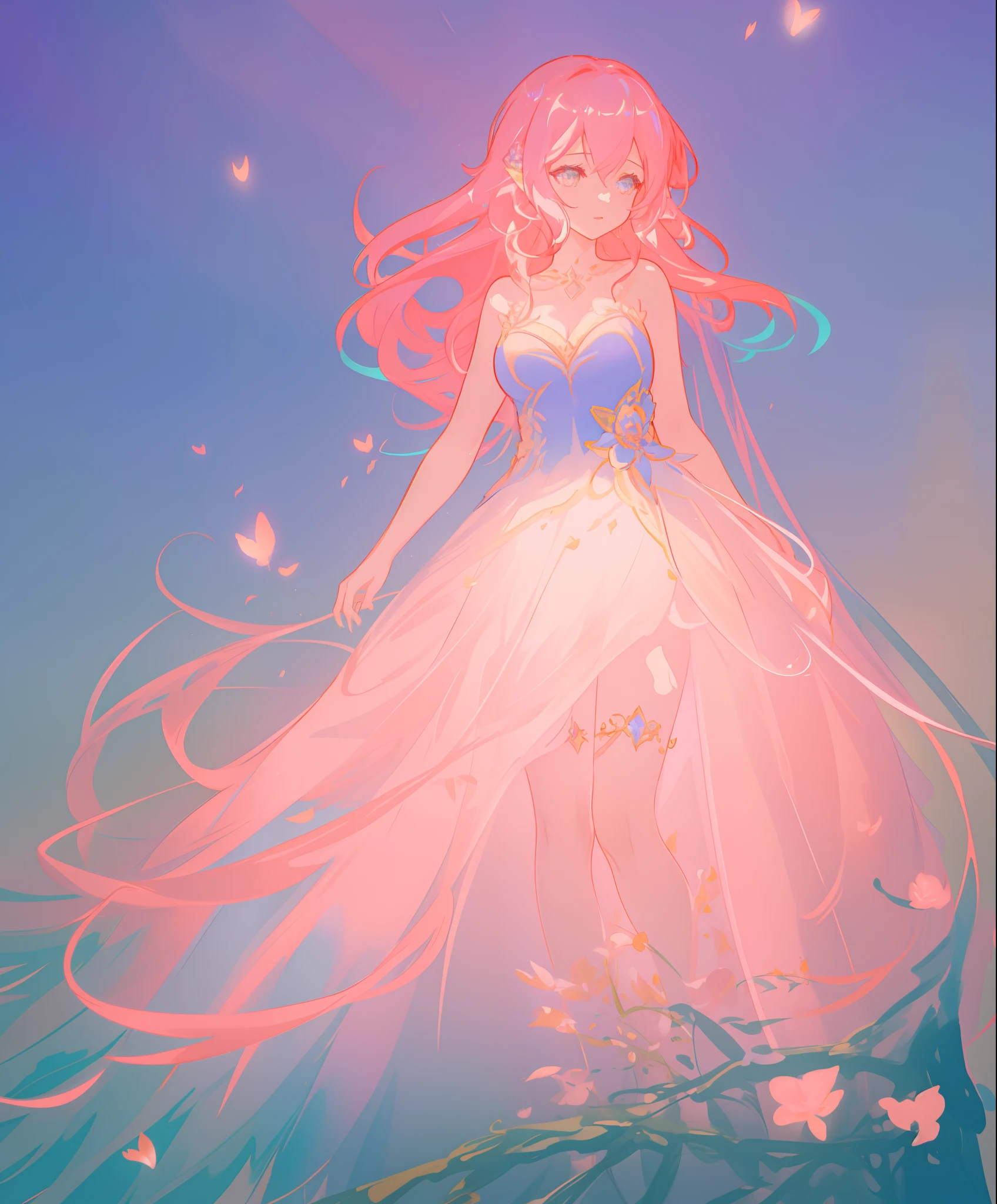 beautiful girl, puffy shimmering layered ballgown, vibrant pastel colors, (colorful), long flowing hair, magical lights, sparkling magical liquid, inspired by Glen Keane, inspired by Lois van Baarle, disney art style, by Lois van Baarle, glowing aura around her, by Glen Keane, jen bartel, glowing lights! digital painting, flowing glowing hair, glowing flowing hair, beautiful digital illustration, fantasia background, whimsical, magical, fantasy, ((masterpiece, best quality)), intricate details, highly detailed, sharp focus, 8k resolution, sparkling detailed eyes, liquid watercolor