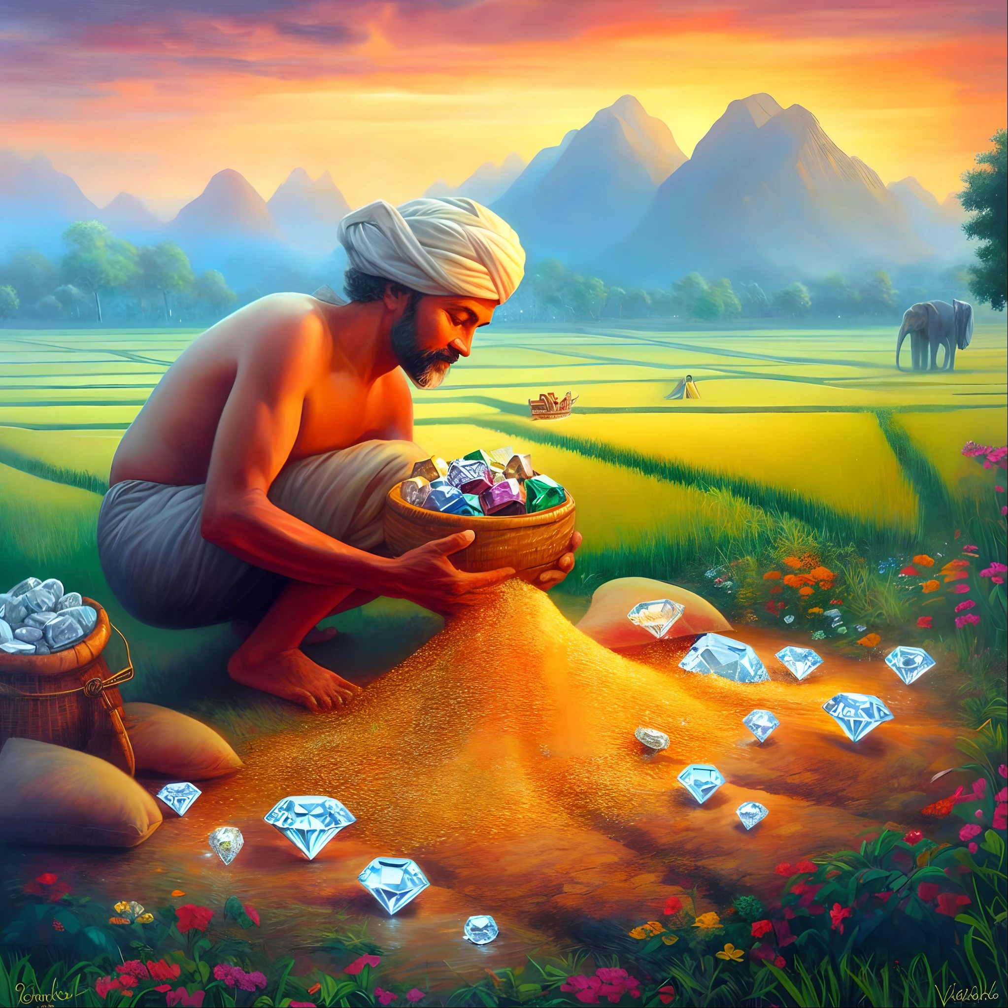painting of a man kneeling down in a field with a basket of diamonds, lots of diamonds unearthed, gems and diamond for fruit, by Vladimir Kush, inspired by Vladimir Kush, precious stones, “diamonds, he has a treasure with him, adorned with precious stones, gems and gold, surreal art, gold and gems, vibrant setting, a beautiful artwork illustration