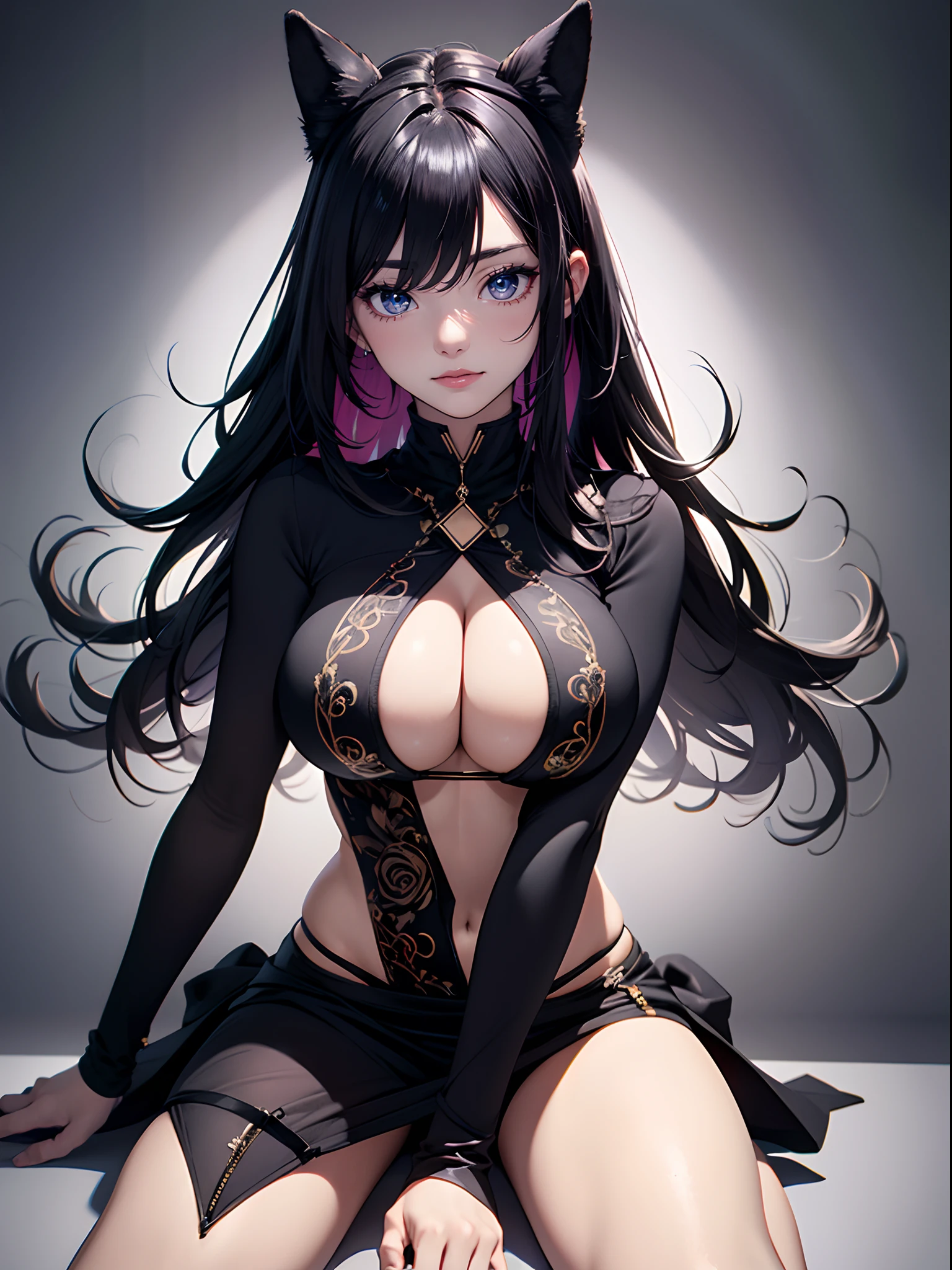 Woman in straddling pose, (1 adult female, Solo:1.1), Shiro Masamune's style, beautidful eyes, Draw detailed eyes, Detailed depiction of hair, large boob, big butts, hiquality, hight resolution, ultra-detailliert, high-level image quality, hightquality, 8K, The skin is shiny, Precise human body structure, Scientific background, and draw the full body, Black costume, Vibrant colors, Enamel Art, highleg, Ahegao