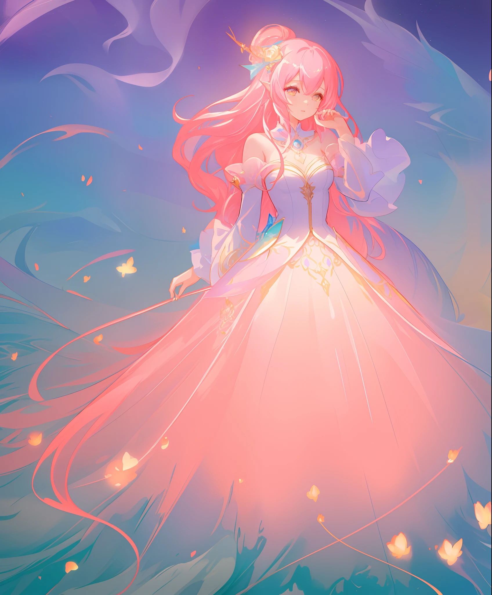 beautiful girl, puffy shimmering layered ballgown, vibrant pastel colors, (colorful), long flowing hair, magical lights, sparkling magical liquid, inspired by Glen Keane, inspired by Lois van Baarle, disney art style, by Lois van Baarle, glowing aura around her, by Glen Keane, jen bartel, glowing lights! digital painting, flowing glowing hair, glowing flowing hair, beautiful digital illustration, fantasia background, whimsical, magical, fantasy, ((masterpiece, best quality)), intricate details, highly detailed, sharp focus, 8k resolution, sparkling detailed eyes, liquid watercolor