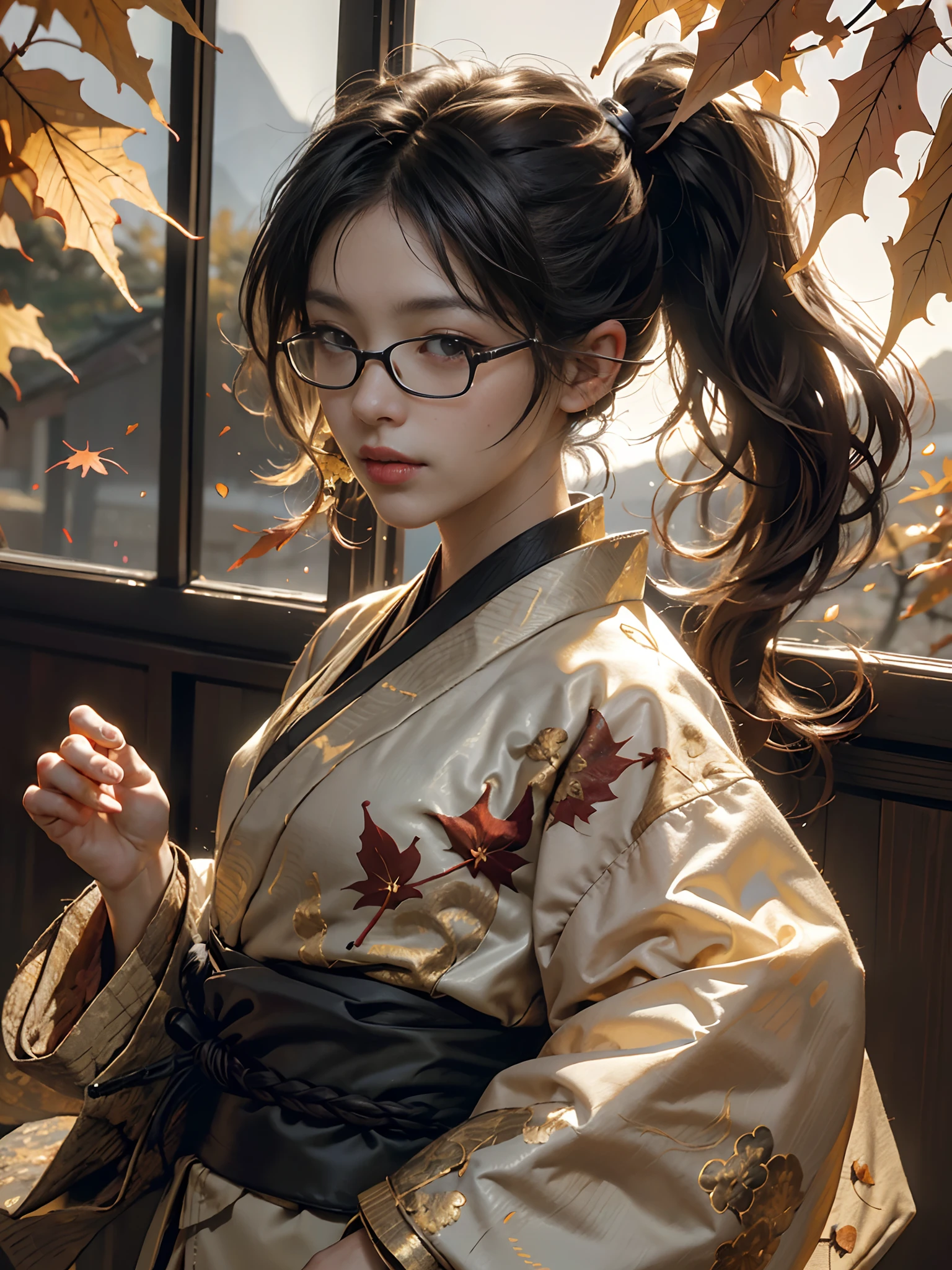 (rokoko:1.5)Background of details(the morning sun(mountainscape))(Kyoto in Japan(Colored leaves:1.5)),BREAK ,elaborate costume(Luxury kimono(Colorful kimono(detailed embroidery()))),BREAK,(1 Beautiful and classy adult woman(Japanese actressl:1.2)(glossy dark hair(poneyTail:1.2))),(eye glass:1.2),(Arms outstretched),BREAK,Wallpapers 16K,Blur the background,(masutepiece:1.5),(Best Quality:1.5),(Portrait photos:1.5),From above