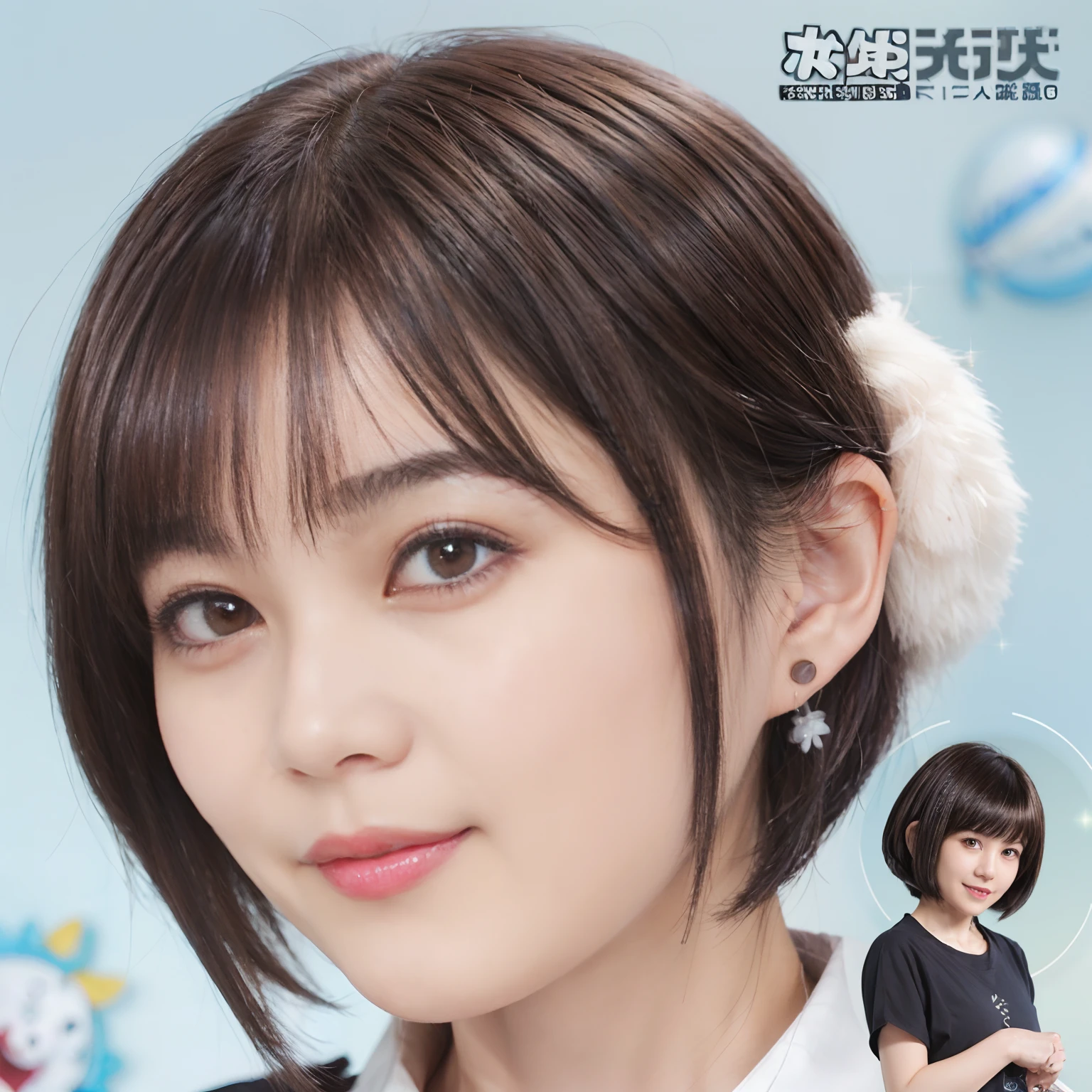 56
(a 20 yo woman), (A hyper-realistic), (masutepiece), (Short bob cut:1.46), Hairstyle with visible ears, (Medium chest), kindly smile, (Graphics with cartoon characters sweating)