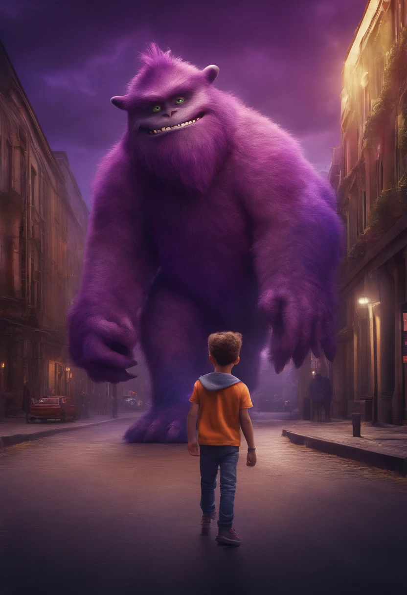 9 y o boy facing the camera, carrying a purple monster on his shoulder,Wandering the streets of the city,illustartion,Detailed character design,dynamicpose,urban environment,Works of art in mixed media,Colorful,grainy textures,highly detailed background,Impressive lighting,realistic style,Playful,Expressive monster face,Stunning colors and shades,The Emotional Bond Between Boy and Monster,Realistic rendering,Best Quality,4k resolution,Ultra-detailed,Professional Artwork,Vivid colors,sharp-focus,studio lightning.