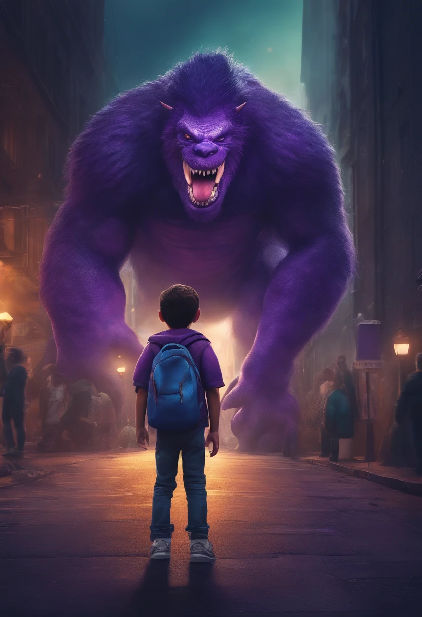 9 y o boy facing the camera, carrying a purple monster on his shoulder,Wandering the streets of the city,illustartion,Detailed character design,dynamicpose,urban environment,Works of art in mixed media,Colorful,grainy textures,highly detailed background,Impressive lighting,realistic style,Playful,Expressive monster face,Stunning colors and shades,The Emotional Bond Between Boy and Monster,Realistic rendering,Best Quality,4k resolution,Ultra-detailed,Professional Artwork,Vivid colors,sharp-focus,studio lightning.