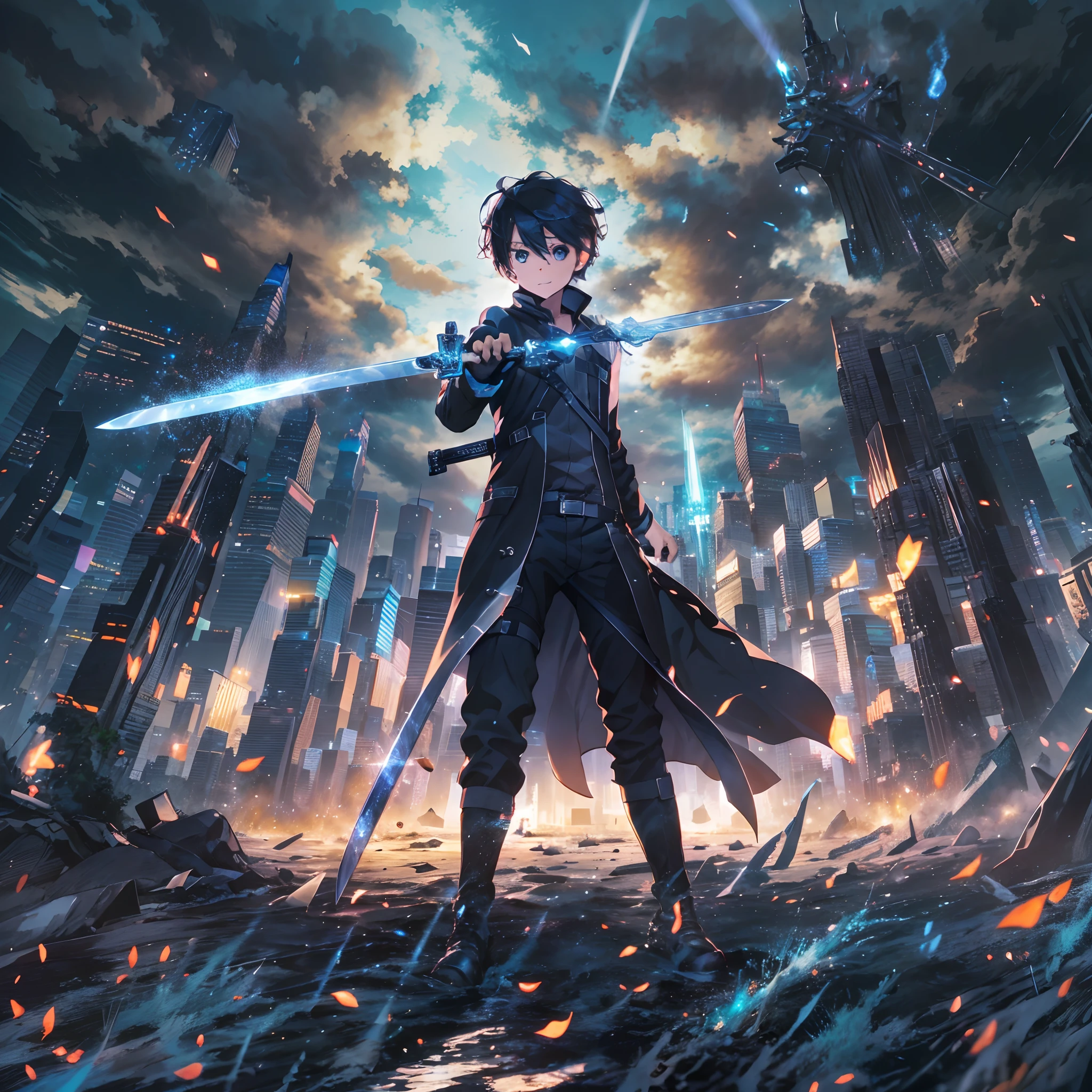 (absurderes, A high resolution, Ultra detailed),(Masterpiece, Best quality:1.2),Kirito,1boys,Armed with a black and blue sword,Double Weilding,a black trench coat,Short black messy hair,sword art online，He wears a black cloak，Holding a two-handed giant sword "Starburst Air Slash"，Stand on the verdant grass。The sun shines gold，Reflected on the blade，Ignite a blue spark。Kirito's black hair fluttered in the wind，His gaze was firm，Get ready to fight against huge monsters。The sword light flickered，He quickly dodges enemy attacks，Demonstrates superb swordsmanship。highest quality digital art, stunning art, Wallpaper 4k, absolutely stunning art,Close-up Shot Shot