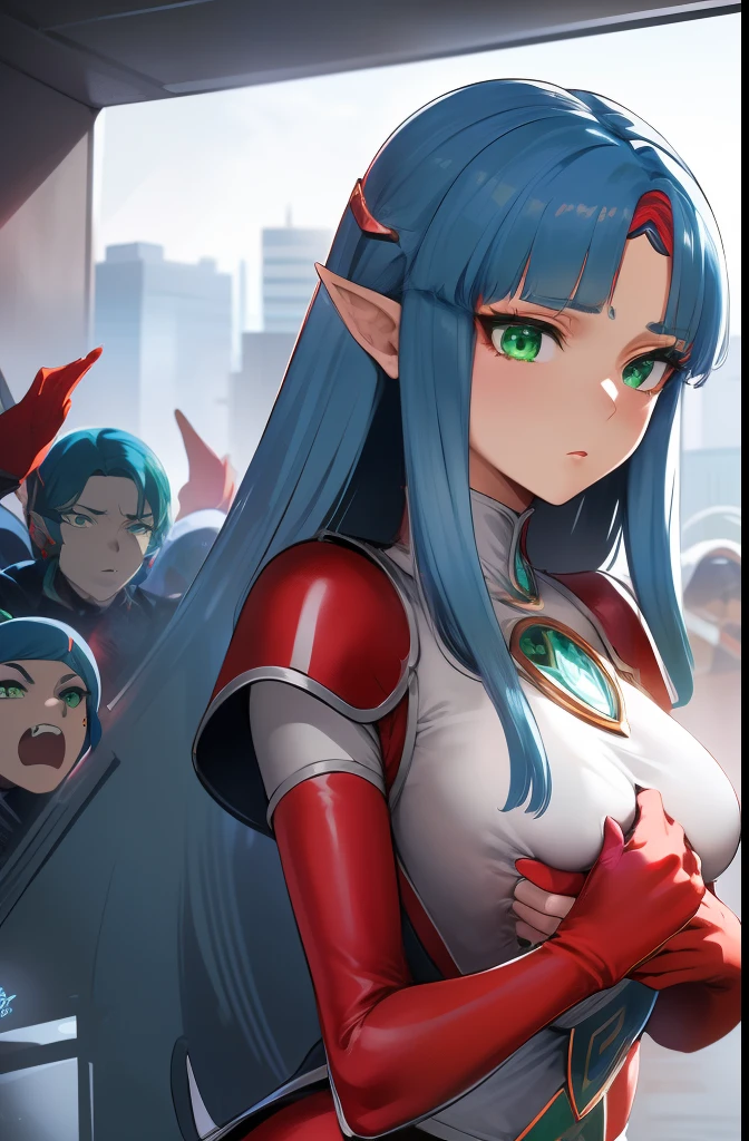 entire body image, standing, Princess Zelda Giant, (Red with silver clothing:1.5), as Ultraman, Overroom 1, Very tight tights, heavy makeup on her face, Light blue gemstone on cuirass, helmet on her head, red lipstick on his mouth, (Her green eyes:1.5, Blue hair:1.5), Look at the audience from the front, She is in a futuristic city，Several monsters attacked the building, Tokusatsu, Ultraman, Anime style, Cinematic lighting, 16k, hyper HD, Masterpiece, Best quality, High details