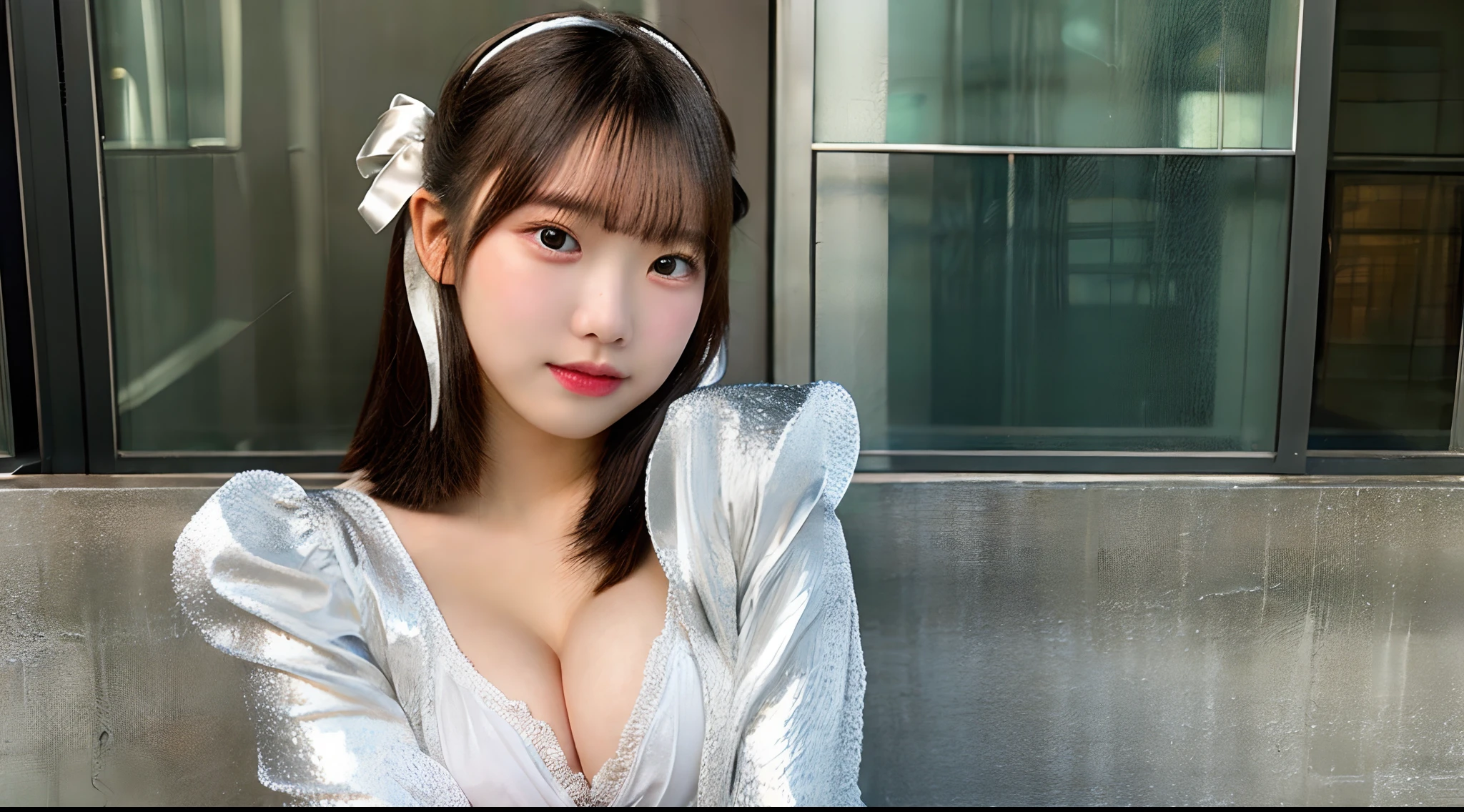 18-year-old cheergirl in a silver miniskirt(F Cup Breast)