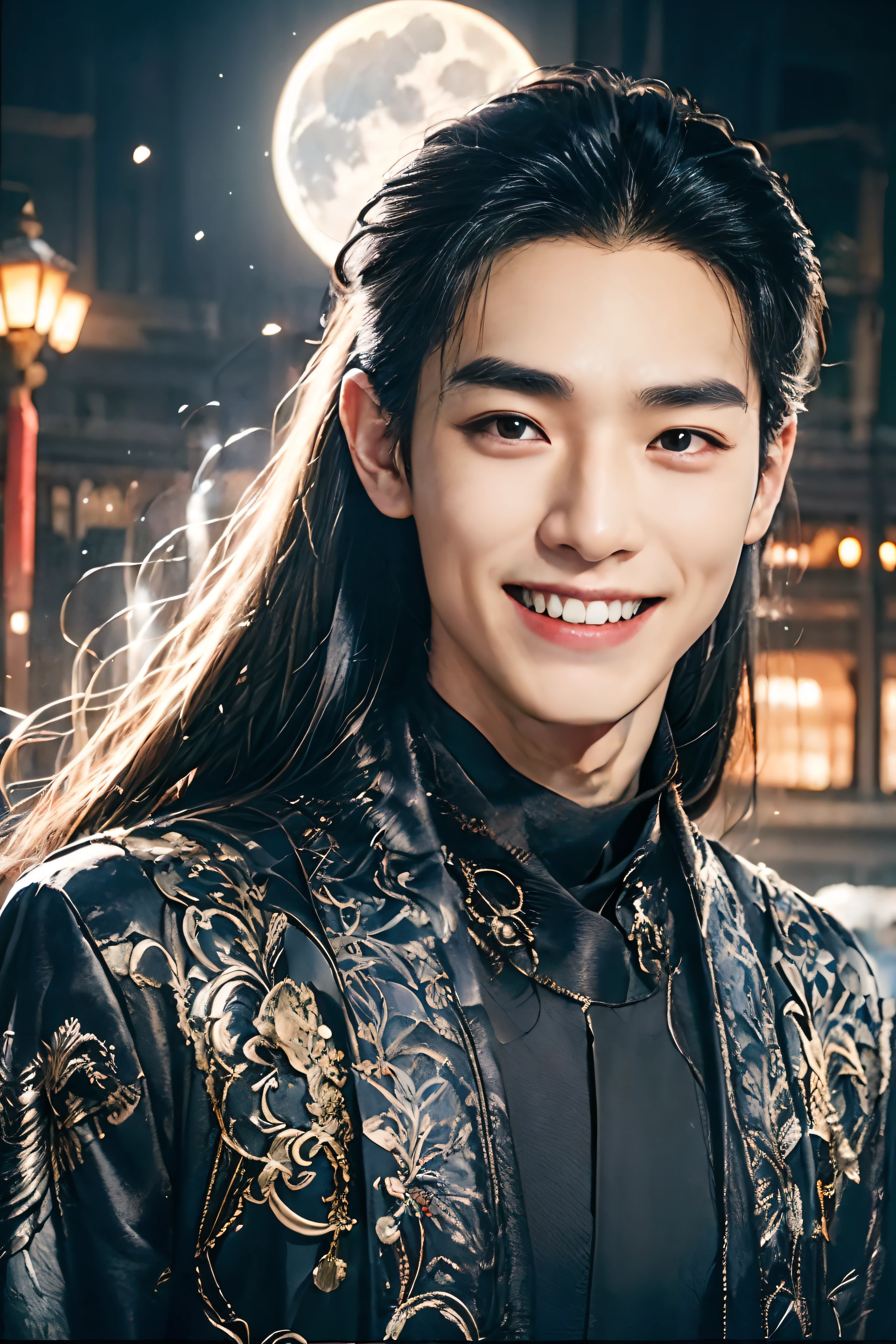 A 21-year-old Asian man，Thick eyebrows，Melon seed face，Handsome face，Men's full body ，the background is an ancient Chinese town，Time is night。Deep blue sky，A full moon，black lanterns，Pavilions and arch bridges，His skin is fair，He is slender，the limbs have pronounced muscle lines，high-definition photography，Real-world scenarios，Lots of detail, wearing black clothes, black long pants, black turtleneck shirt, lightning, magic, messy long hair, warrior, pride smile, evil smile
