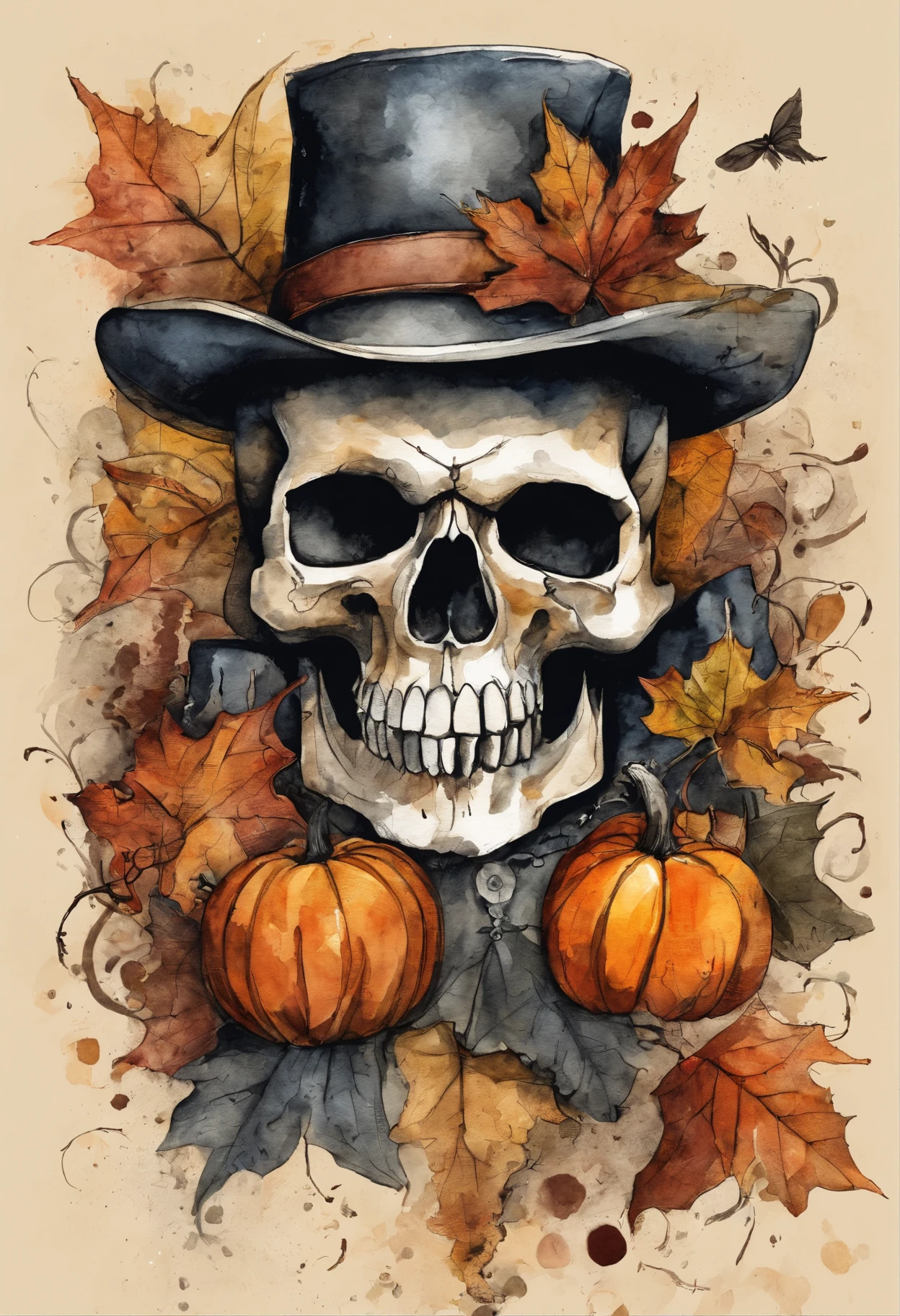 Improvised illustration for T-shirt with skull, pumpkin, graveyard, Blood, Halloween