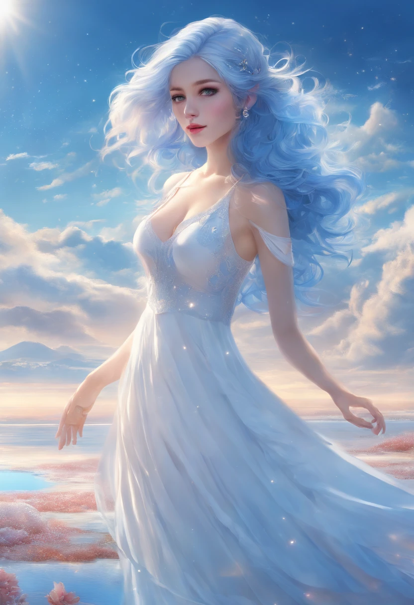absurdres, highres, (official art, beautiful and aesthetic:1.2), (near vision:1.15), (1girl, blue hair, medium hair, blue eyes, bright eyes, long white dress, blue ruffle,:1.2) blue sky, Shimmering Galaxy, (Salar de Uyuni:1.2), (fractal art:0.8), water effects, ripple effects, (flower effects: 0.65), light effects, huge breasts