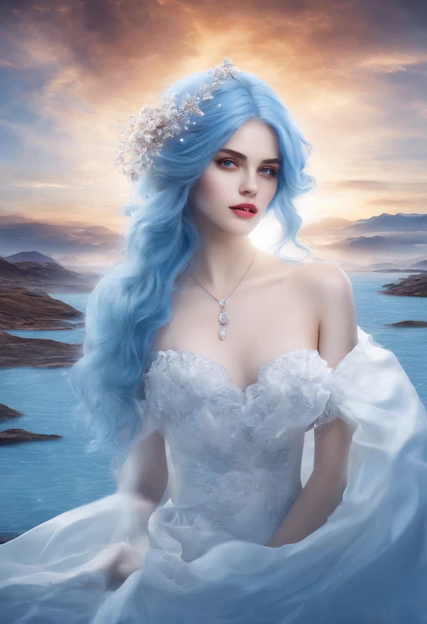 absurdres, highres, (official art, beautiful and aesthetic:1.2), (near vision:1.15), (1girl, blue hair, medium hair, blue eyes, bright eyes, long white dress, blue ruffle,:1.2) blue sky, Shimmering Galaxy, (Salar de Uyuni:1.2), (fractal art:0.8), water effects, ripple effects, (flower effects: 0.65), light effects, huge breasts