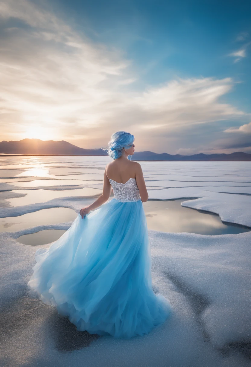 absurdres, highres, (official art, beautiful and aesthetic:1.2), (near vision:1.15), (1girl, blue hair, medium hair, blue eyes, bright eyes, long white dress, blue ruffle,:1.2) blue sky, Shimmering Galaxy, (Salar de Uyuni:1.2), (fractal art:0.8), water effects, ripple effects, (flower effects: 0.65), light effects, huge breasts
