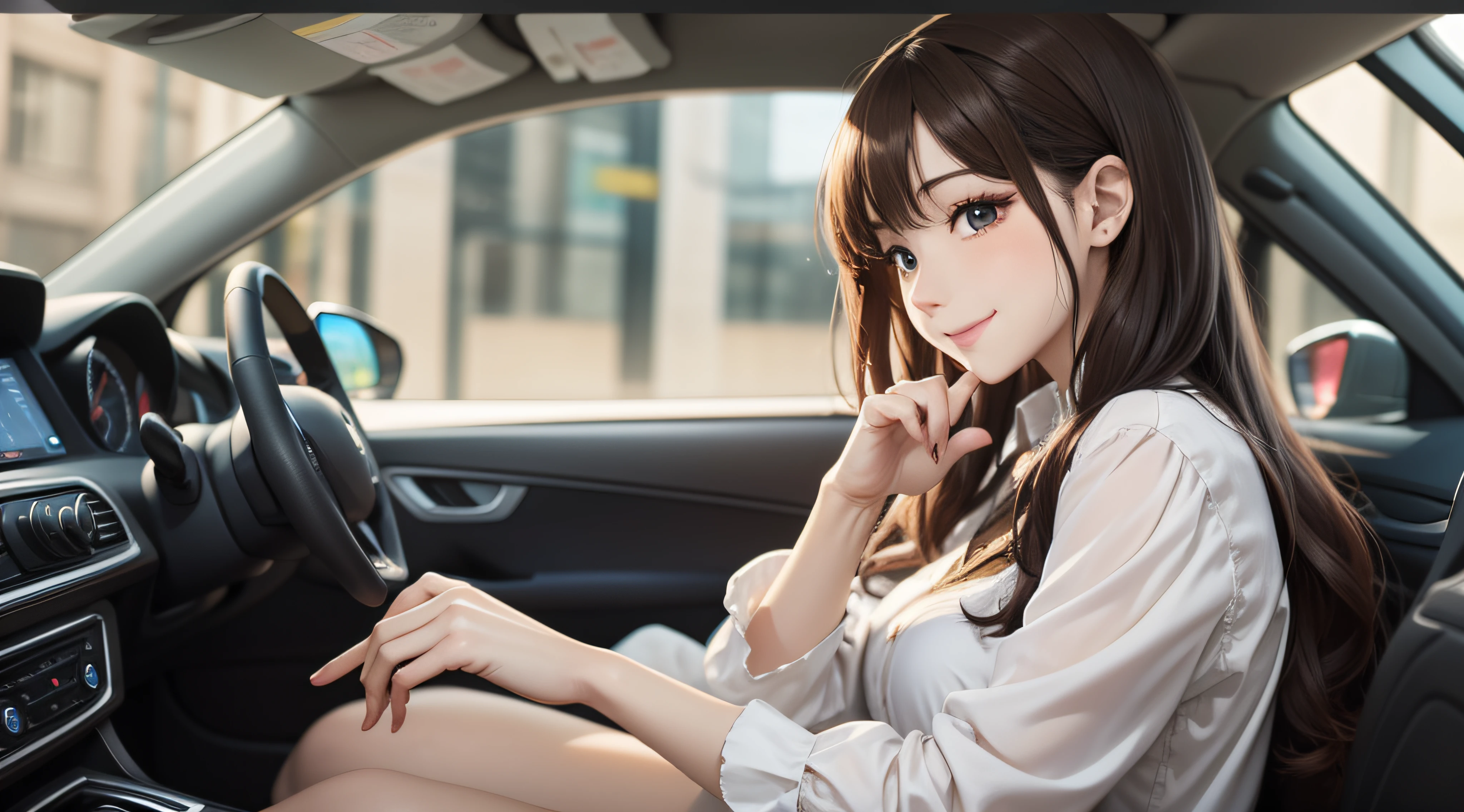 (Anime Pictures、top-quality)、masterpiece、extremely delicate and beautiful、A highly detailed、nffsw、Unity、2k wallpaper、astonishing、finely detail、Highly detailed ticker Unity 8k wallpaper、ultra-detailliert、hight resolution、absurderes、1girl in、Sit in the driver's seat of the car、Angle from the side、View car navigation system、Full-length car navigation screen、Soft light、a beautiful detailed girl、Detailed finger、Beautiful profile、beautiful detailed nose、beatiful detailed eyes、long eyeslashes、cute little、20yr old、(full body Esbian:1.3)、Lifelike face、(A smile、closes mouth)、Beautiful detailed two legs