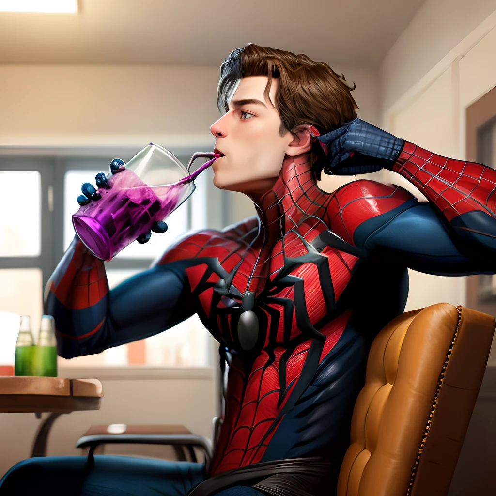 Spider-man sipping coke in a '70s bar, movie scene --auto --s2