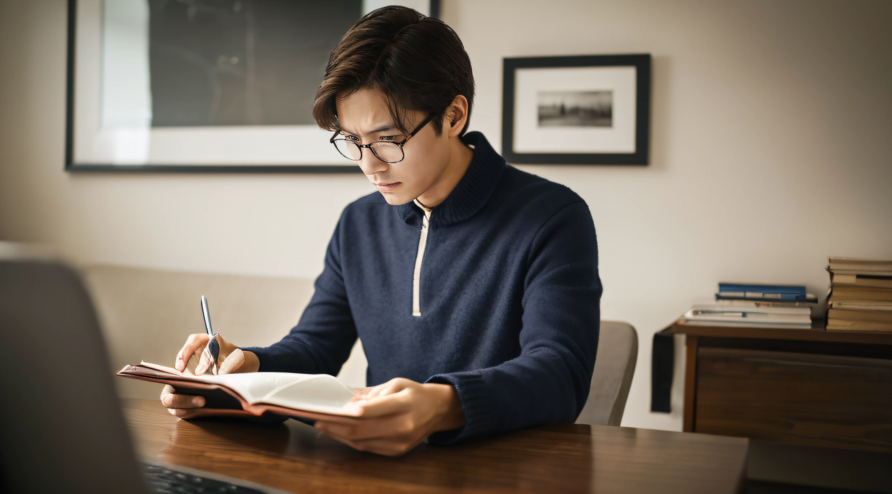 Jehovah's Witnesses、Person studying the Bible in the study room々、Serious face、middle aged man、high-level image quality、high-detail