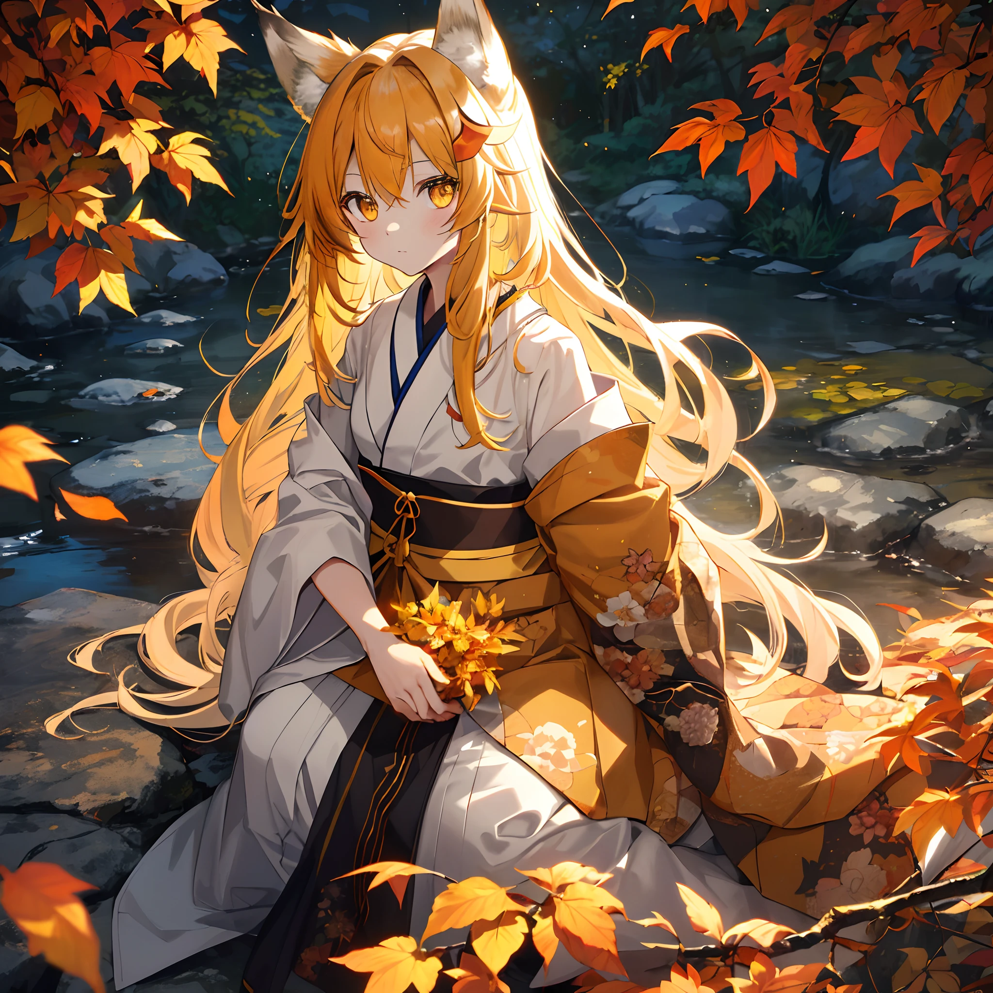 autumnal、the woods、Colored leaves、 hot onsen, sitting on, (top-quality), ((masterpiece)), (hight resolution), Original, kimono、bathrobe、(extremely delicate and beautiful),((详细的脸))、beautiful finely detailed eyes、Hair that flutters in the wind、hair messy、
1girl in,full body Esbian,(Golden Eyes),(Akame),(Wolf ears),(yellow hair),(Wolf's tail),(Wolf ears),(:1.1),(Wolf ears),Beautiful fine eyes,orange color hair,Very long hair,Medium chest