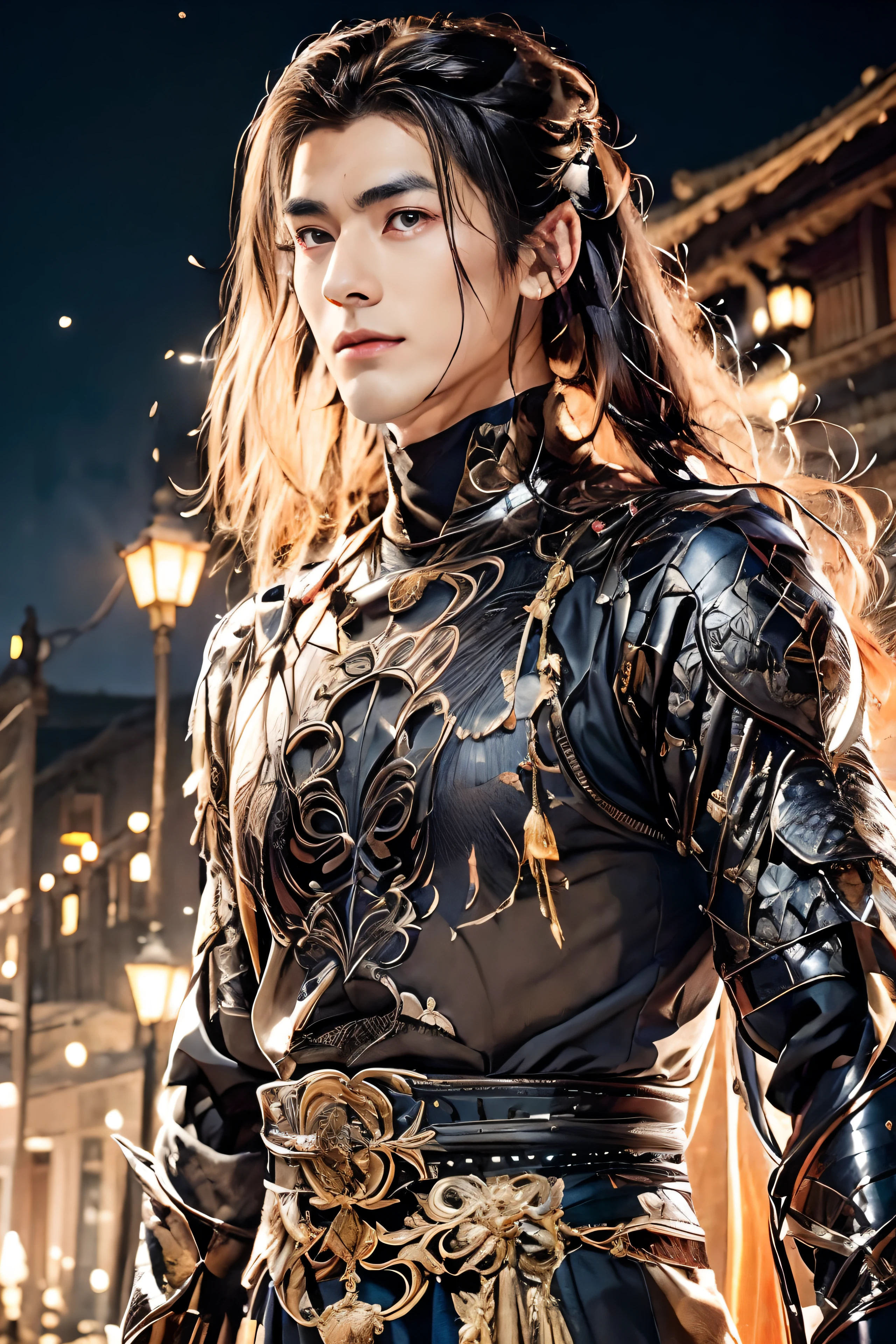 A 21-year-old Asian man,Thick eyebrows,二重まぶた,Melon seed face,Handsome face,Men's full body ,A transparent streamer is tied to the body and flutters in the wind,The background is an ancient Chinese town in summer,Time is night。Deep blue sky,A full moon,Lots of black lanterns,Pavilions and arch bridges,His skin is fair,He is slender, slender arms,The limbs have pronounced muscle lines,high-definition photography,Real-world scenarios,Lots of detail, wearing black long coat, black long pants, black turtleneck shirt, lightning, magic, messy long hair