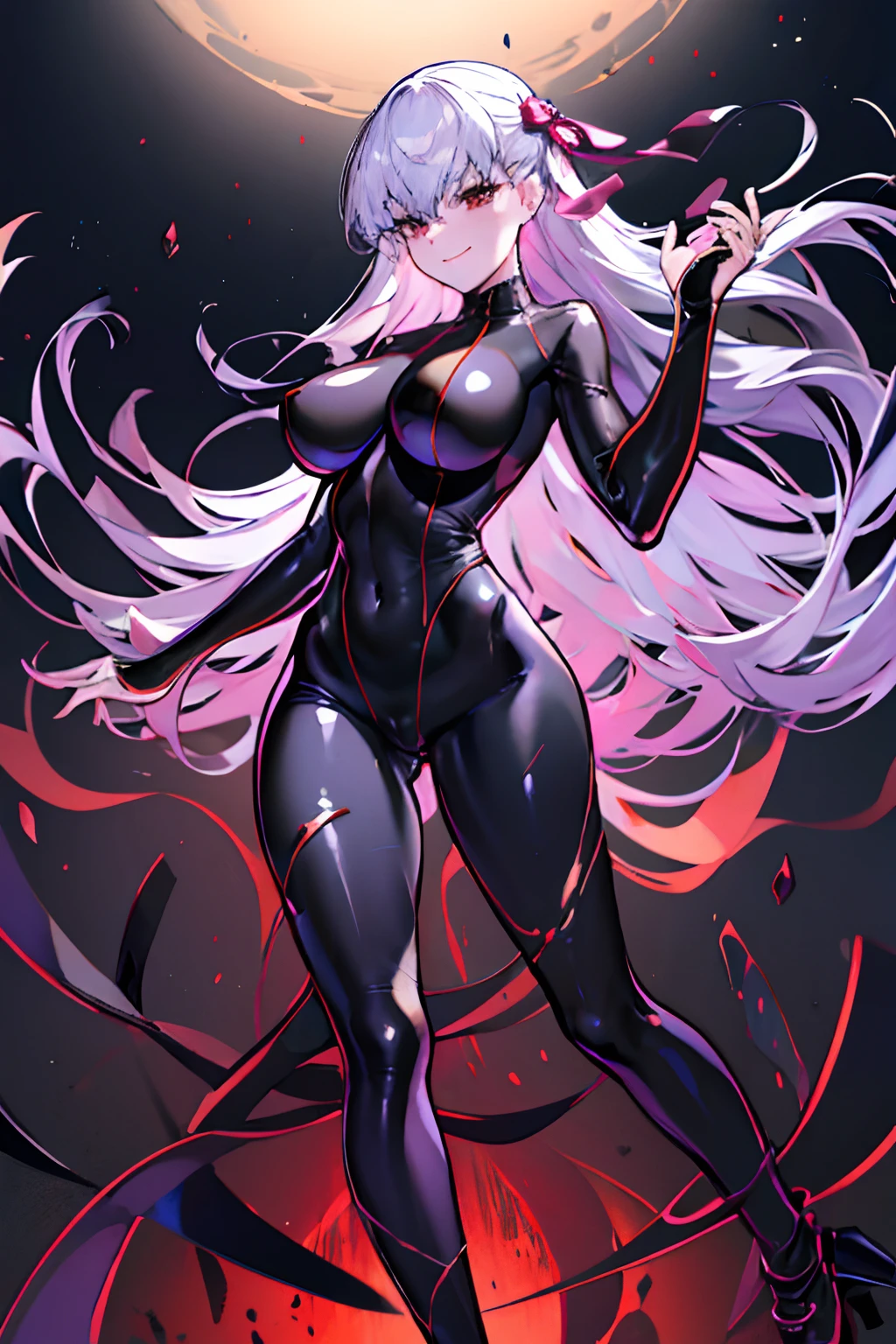 Carefully draw the face High-quality faces in anime style Shiny black full body suit Black High Heels Red lines all over the body a blond huge tit Big ass Whip thighs seductiv a smile succubus Rear view