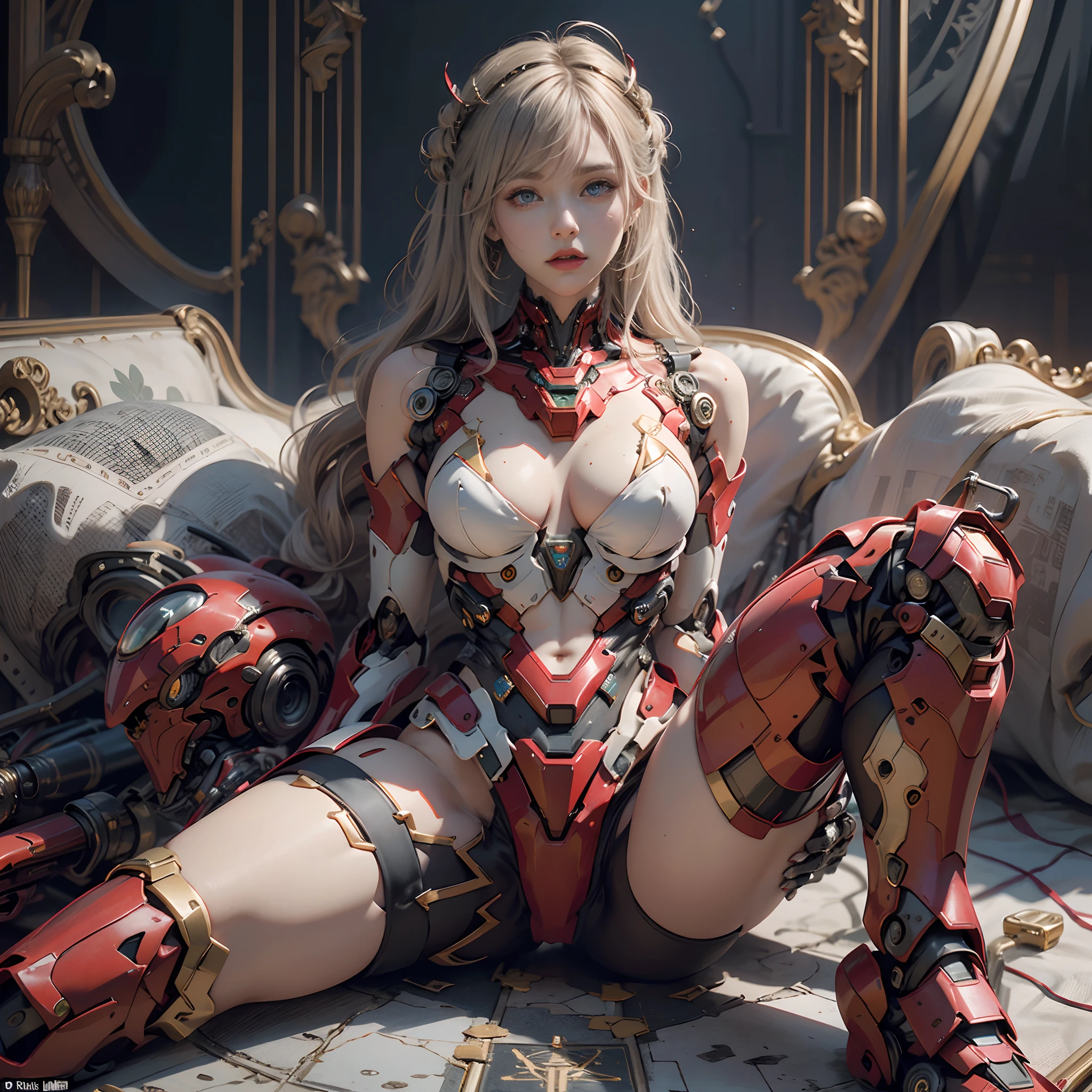 Intricate details, Super Intricate Details, (navel-baring) (Big Gem: 1.3), (girl_Standing_beside_droid:1.2), Girls, (Perfect detail face, Detailed eyes), BREAK Robot, (Giant Mech, Red and black armor, Blue eyes, Holding a rifle), Starry sky, sky line, Kamen Rider, (Gundam: 1.4), Gold Saint Seiya, Marvel movie Iron Man, (mechs) (Mechanical) (armor), professional RAW color photos, (Back Corner), (Lie down and raise your legs to expose your buttocks: 1.5), (cum on the body, Shoot in the chest, Face, For hair): 1.2) (itting open legs: 1.3), Perfect, (Wide Angle), (Rule of Threes), perfect leg, (Pendants) (Color Gemstones) Knee flexion, perfect foot, Panties close-up, Sweat, water dripping, Best Quality, masutepiece, Super Resolution, (reality: 1.4), 1 girl, Bare shoulders, crazy detail details, (Hip Fold: 1.5), lower chest, Side chest, Unrealistic Engine Style, Boca Effect, David La Chapelle style shots, Bioluminescent color palette: Lilac, Pale gold, Pale pink, bright white, Wide Angle, Ultra-fine, cinematic still life, Vibrant, saquimica style, Perfect eyes, highest image quality 16K, inspired by Canon EOS R 6 "Chaos 50,--, Harry Winston A masterpiece of mole photography under the eyes, Ray tracing, surrealism, Textured skin