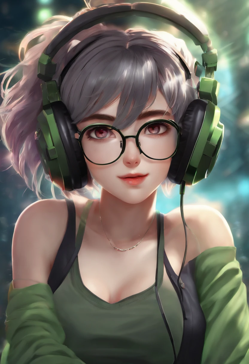 anime, deejaying girl, dj, dj girl, headphones, rave, (highest picture quality),masterpiece,best quality,extremely detailed CG wallpaper, ultra_detailed,(Cinematic Lighting:1.1), (cold face), green eyes, 1girl, solo, dark-green_hair, short_hair, masterpiece, best quality, glasses, shirtless, huge breasts, nsfw