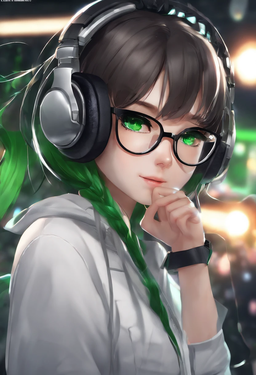 anime, deejaying girl, dj, dj girl, headphones, rave, (highest picture quality),masterpiece,best quality,extremely detailed CG wallpaper, ultra_detailed,(Cinematic Lighting:1.1), (cold face), green eyes, 1girl, solo, dark-green_hair, short_hair, masterpiece, best quality, glasses, shirtless, huge breasts, nsfw