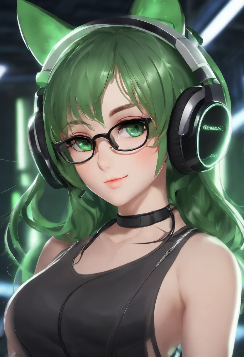 anime, deejaying girl, dj, dj girl, headphones, rave, (highest picture quality),masterpiece,best quality,extremely detailed CG wallpaper, ultra_detailed,(Cinematic Lighting:1.1), (cold face), green eyes, 1girl, solo, dark-green_hair, short_hair, masterpiece, best quality, glasses, shirtless, huge breasts, nsfw
