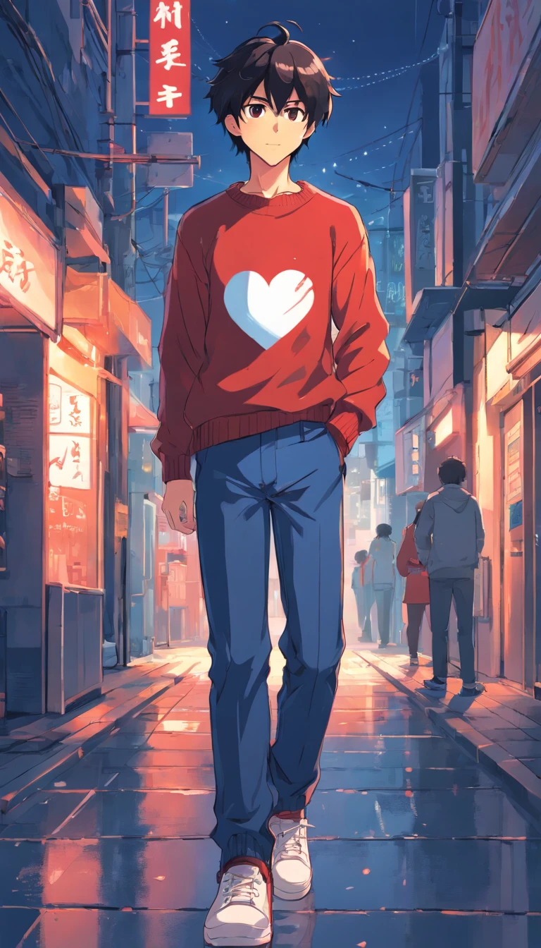Man with a red sweater, with an 8 Bits Middle heart, black hair, brown eyes, dark blue pants, white shoes