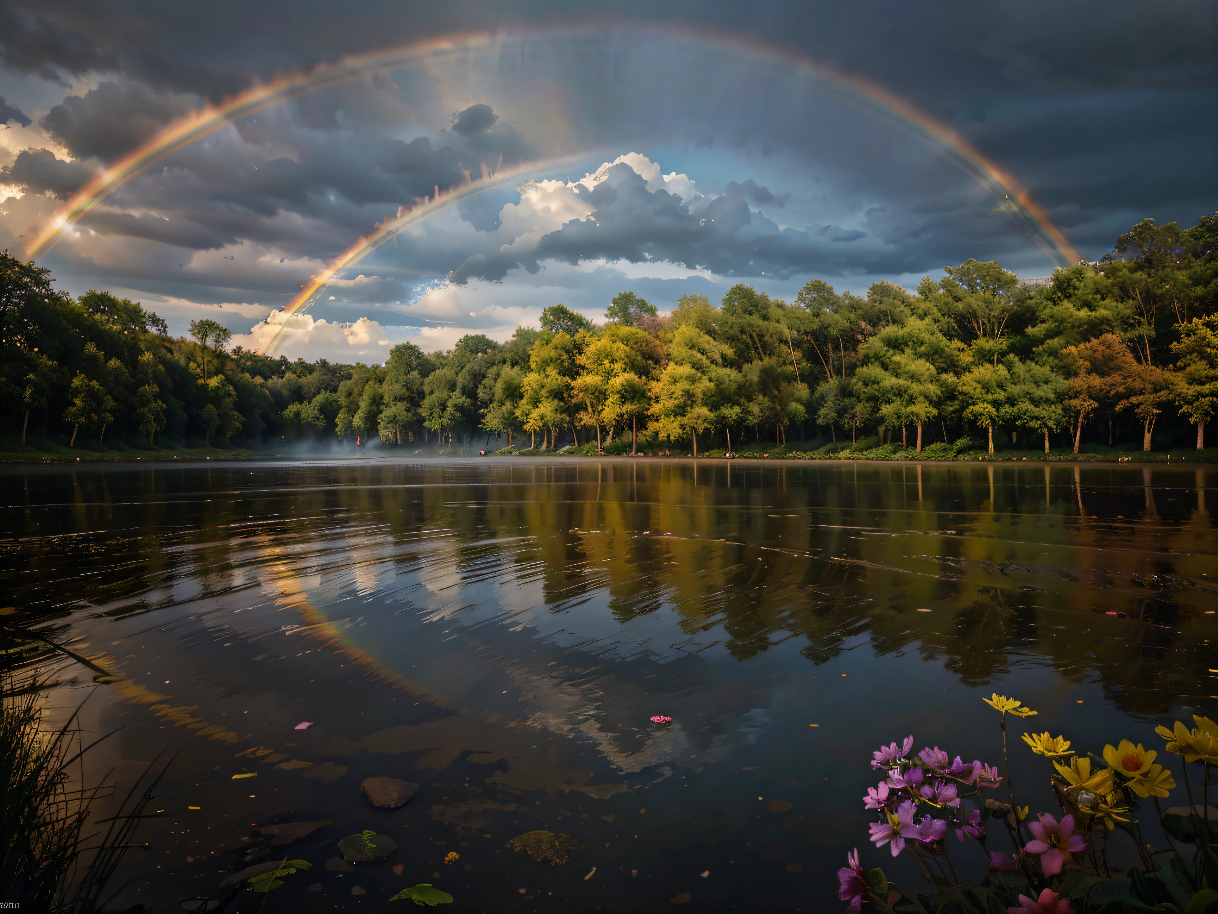 A vibrant, breathtaking rainbow gracefully arches across the sky, adding a burst of color to the aftermath of a refreshing rain shower. This mesmerizing scene, reminiscent of a photograph captured on a clear summer day, portrays the vivid hues of the rainbow in utmost brilliance. Each distinct band of color seamlessly blends into the next, forming a picturesque display that captivates the viewer's imagination. The image exudes an unparalleled sense of beauty and tranquility, inviting onlookers to bask in the wonders of nature's palette.